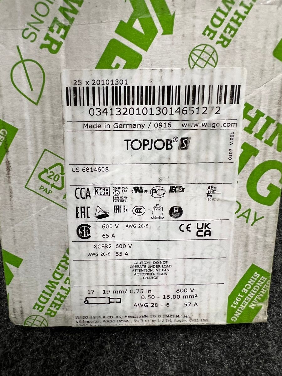 WAGO TOPJOB DIN Rail Mount Terminal Blocks 600V 65A 20-6 AWG Qty 25