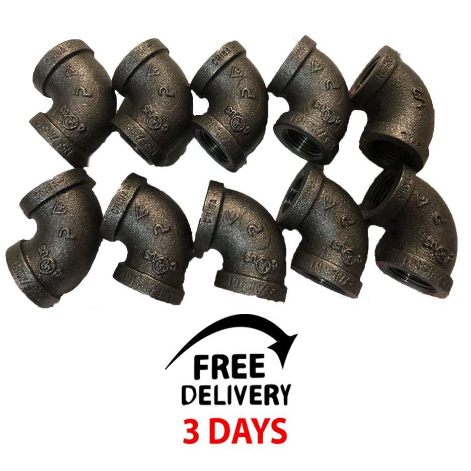 LOT OF(10)3/8INCH BLACK MALLEABLE IRON PIPE THREADED 90° ELBOW FITTINGS PLUMBING