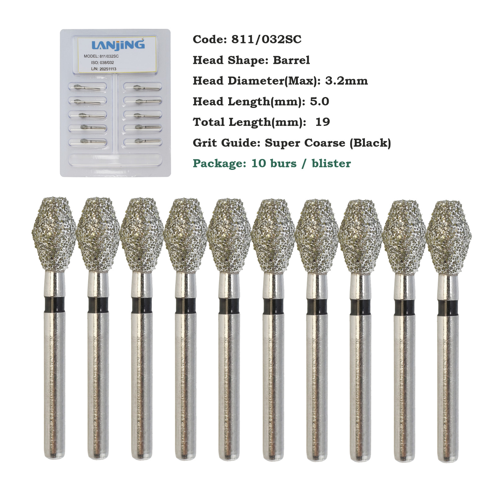 Dental Diamond Burs Barrel Shape 811/038SC 032SC Super Coarse Grit FG High Speed