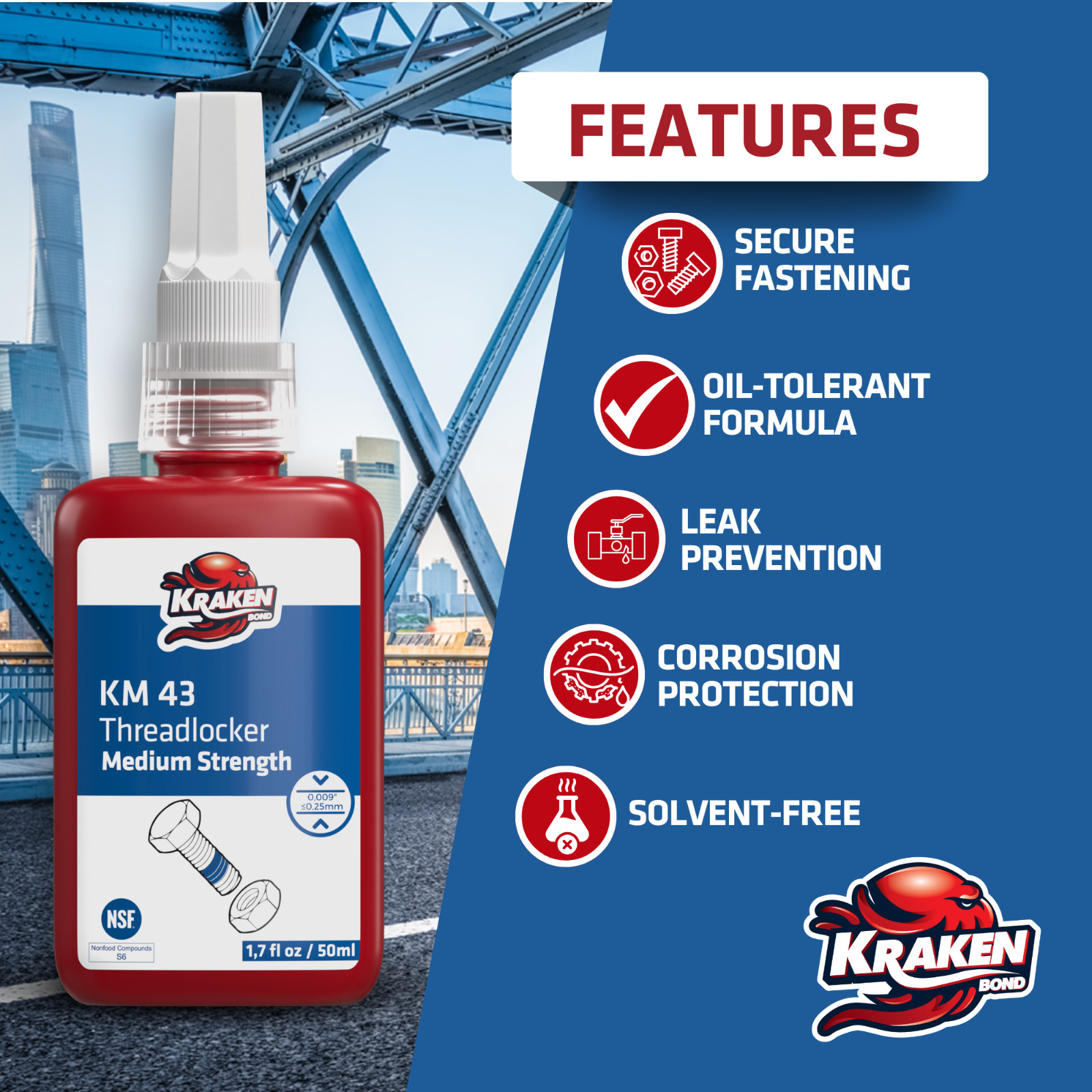 Kraken Bond Medium Strength Blue Threadlocker KM 43 (1.7 oz / 50 ml) – 2 Pack