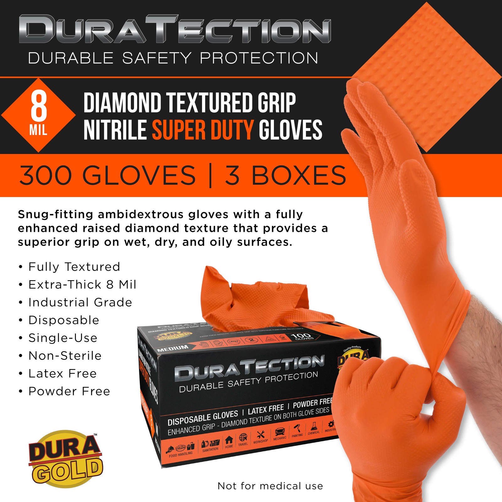 Duratection 8 Mil Super Duty Diamond Textured Nitrile Gloves, 300 Gloves, Medium