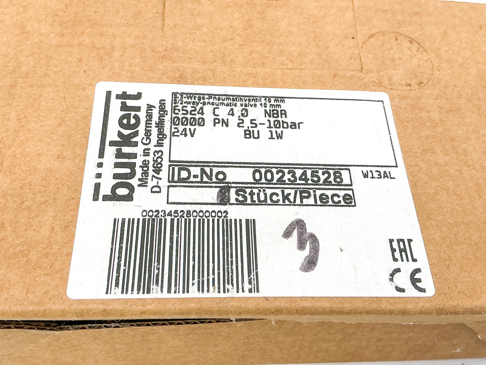 New Burkert 00234528 Solenoid Valve 2.5-10Bar 24V 1W 6524-C-4.0-NBR