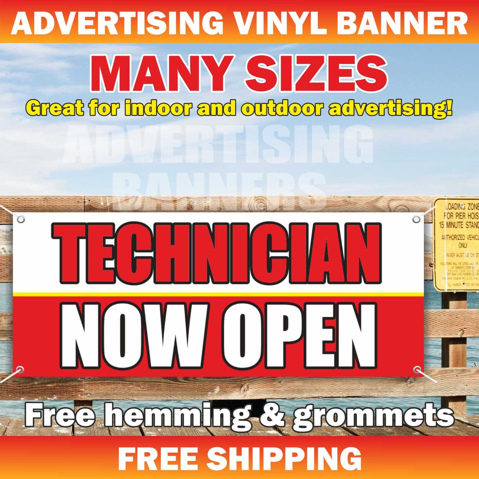 TECHNICIANS NOW OPEN Advertising Banner Vinyl Mesh Sign working employee service