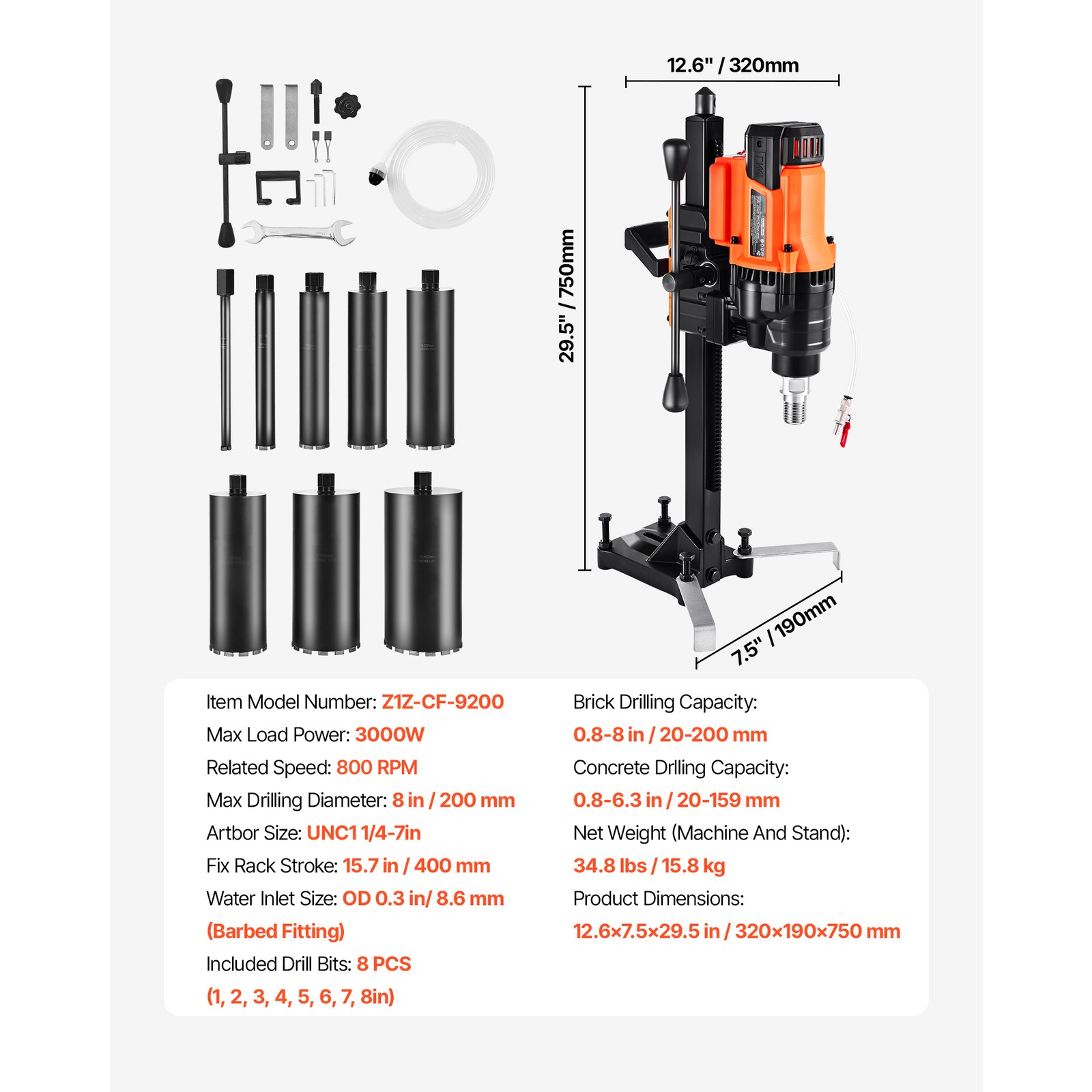 Diamond Core Drill Machine Concrete Core Drill Rig with Stand 8 in 3000W