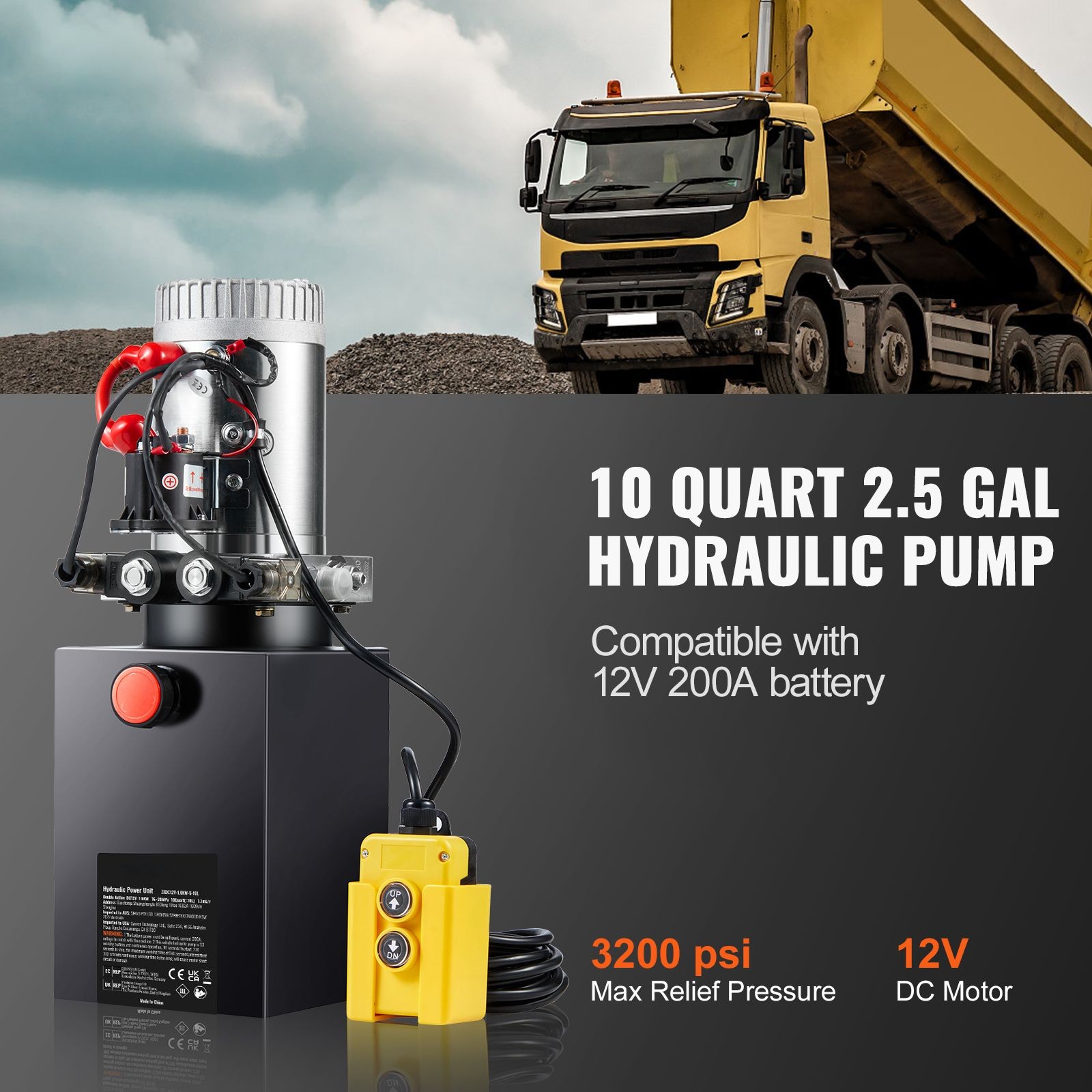 12V 1.6kW Hydraulic Pump 10qt, 3200 PSI, DC Double-Acting for Dump Trailer
