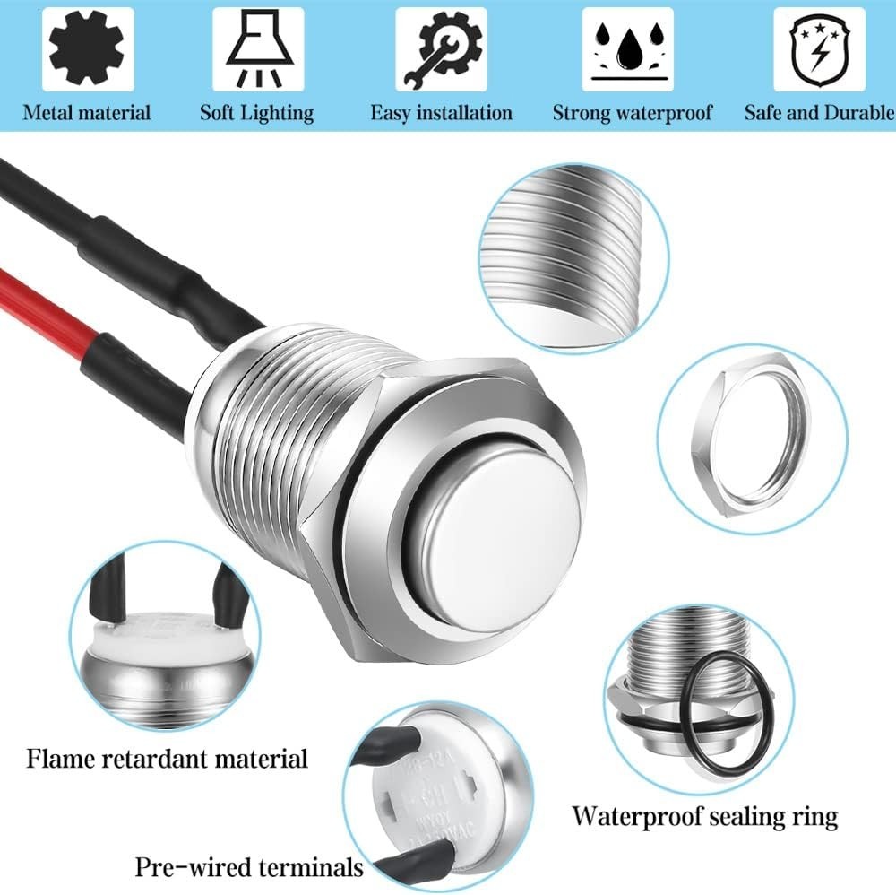 Waterproof Push Button Switch 5pcs 12mm Metal Momentary ON OFF High Head