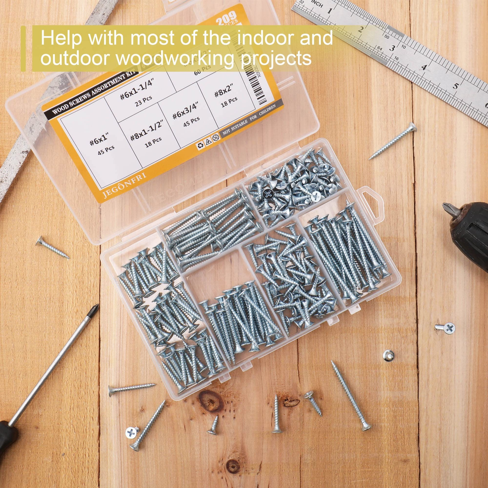209-Piece Wood Screws Assortment Kit with Phillips Drive and Various Sizes