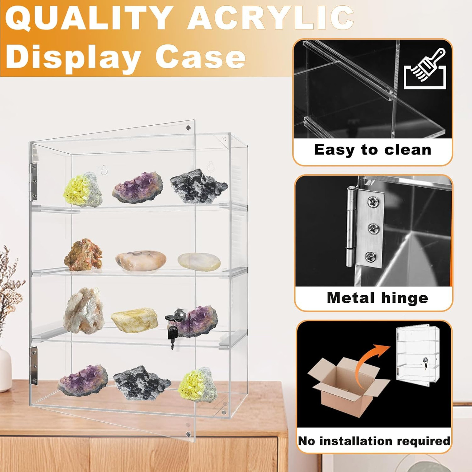 Acrylic Display Case with Locking Door 4 Tier Clear Display Cabinet for