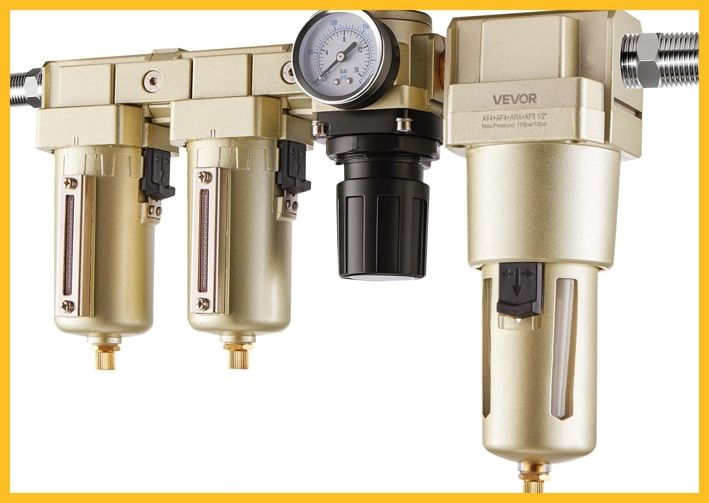 VEVOR Air Compressor Filter Regulator Combo, 1/2″ NPT 3-Stage 25μm & 5μm & 0.3μm