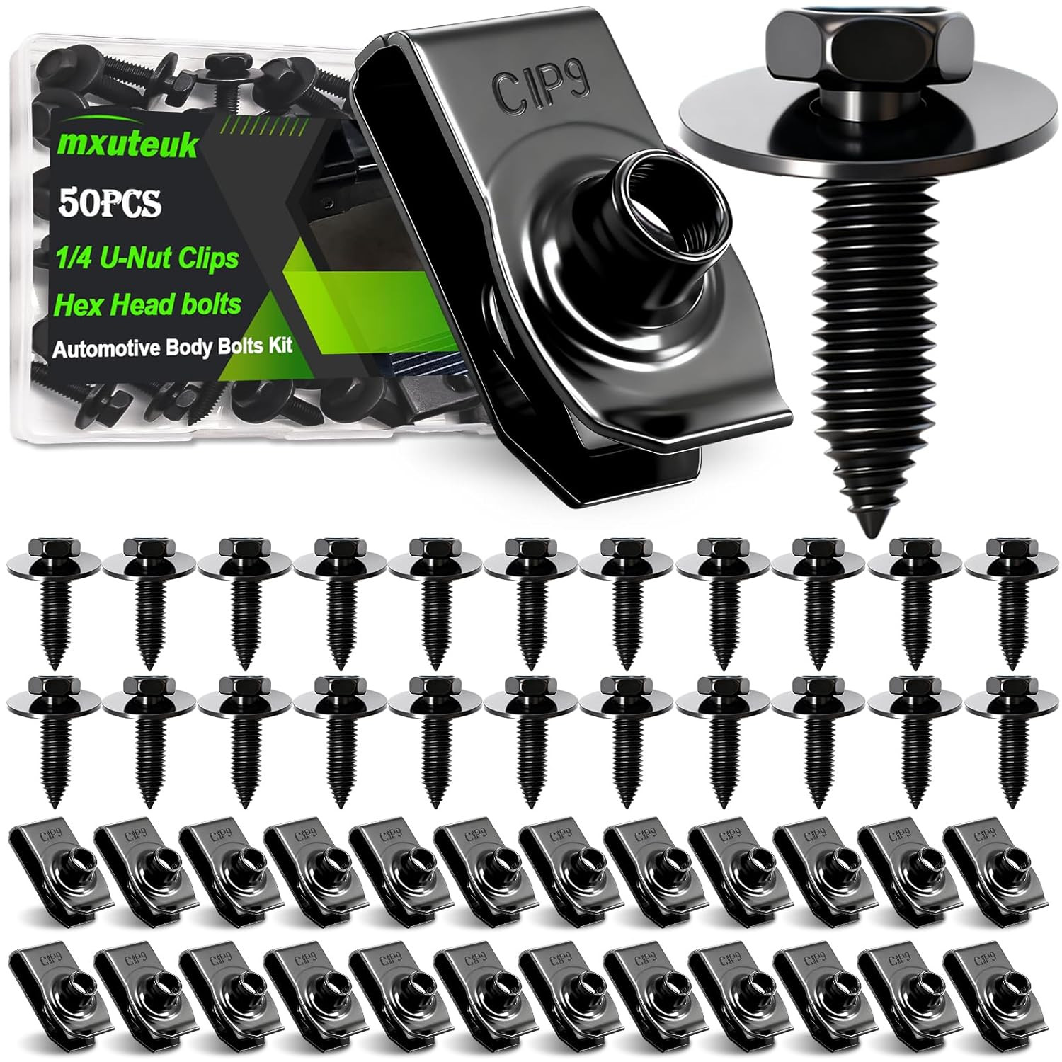 50PCS 1/4 U-Nut Clips & Hex Head Automotive Body Fender Bolts Kit,For Most Cars