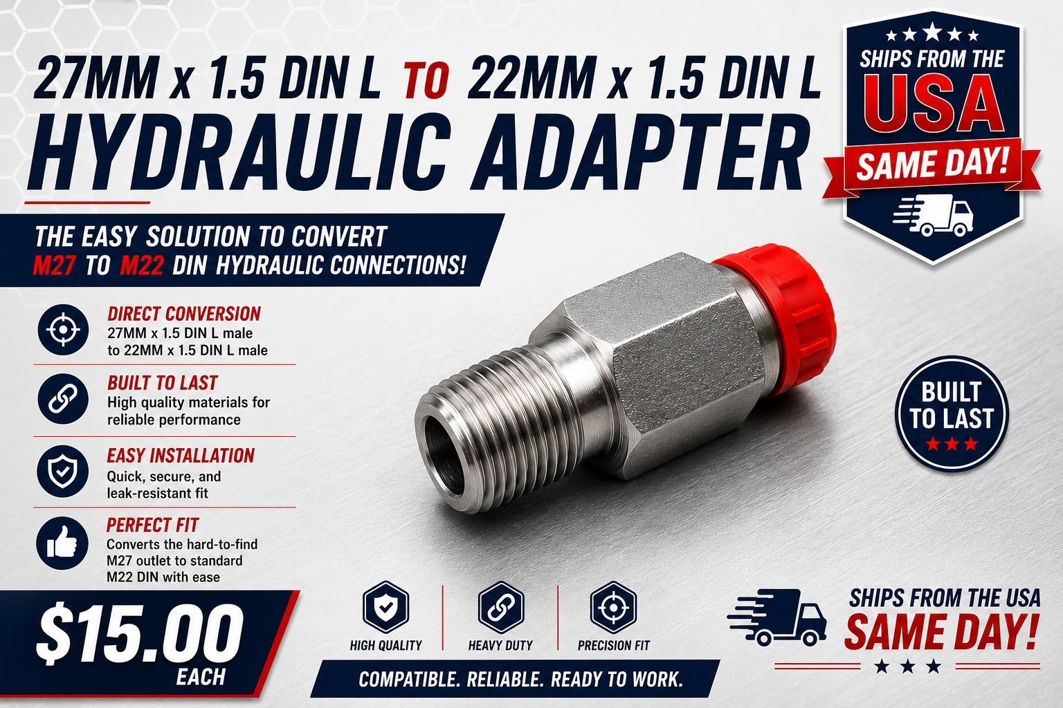 Chinese Excavator or Mini Skid M27 x 1.5 DIN L to M22 x 1.5 Din L adapter
