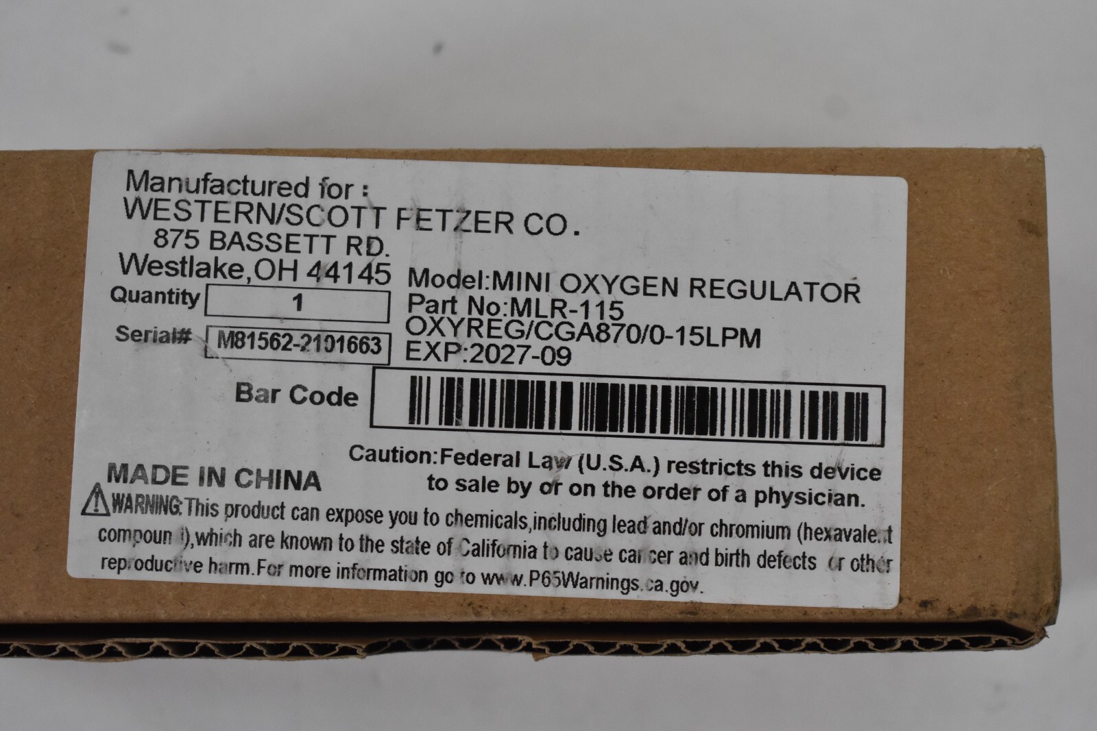 Western Scott Fetzeer Mini Oxygen Regulator Gold MLR-115 Expires 09-2027