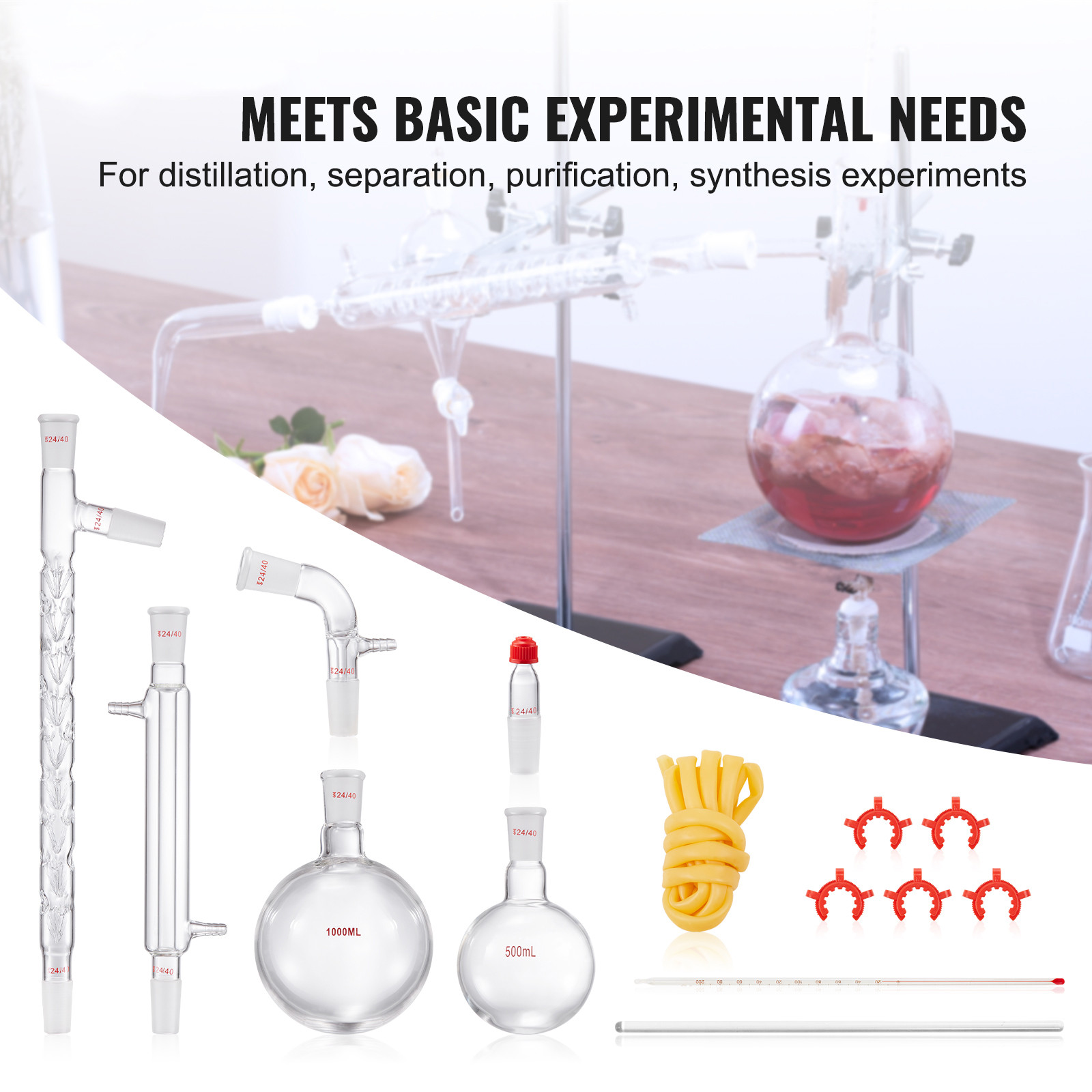 VEVOR Lab Glassware Distillation Kit 1000ml 3.3 Boro 14 pcs Glassware Equipment