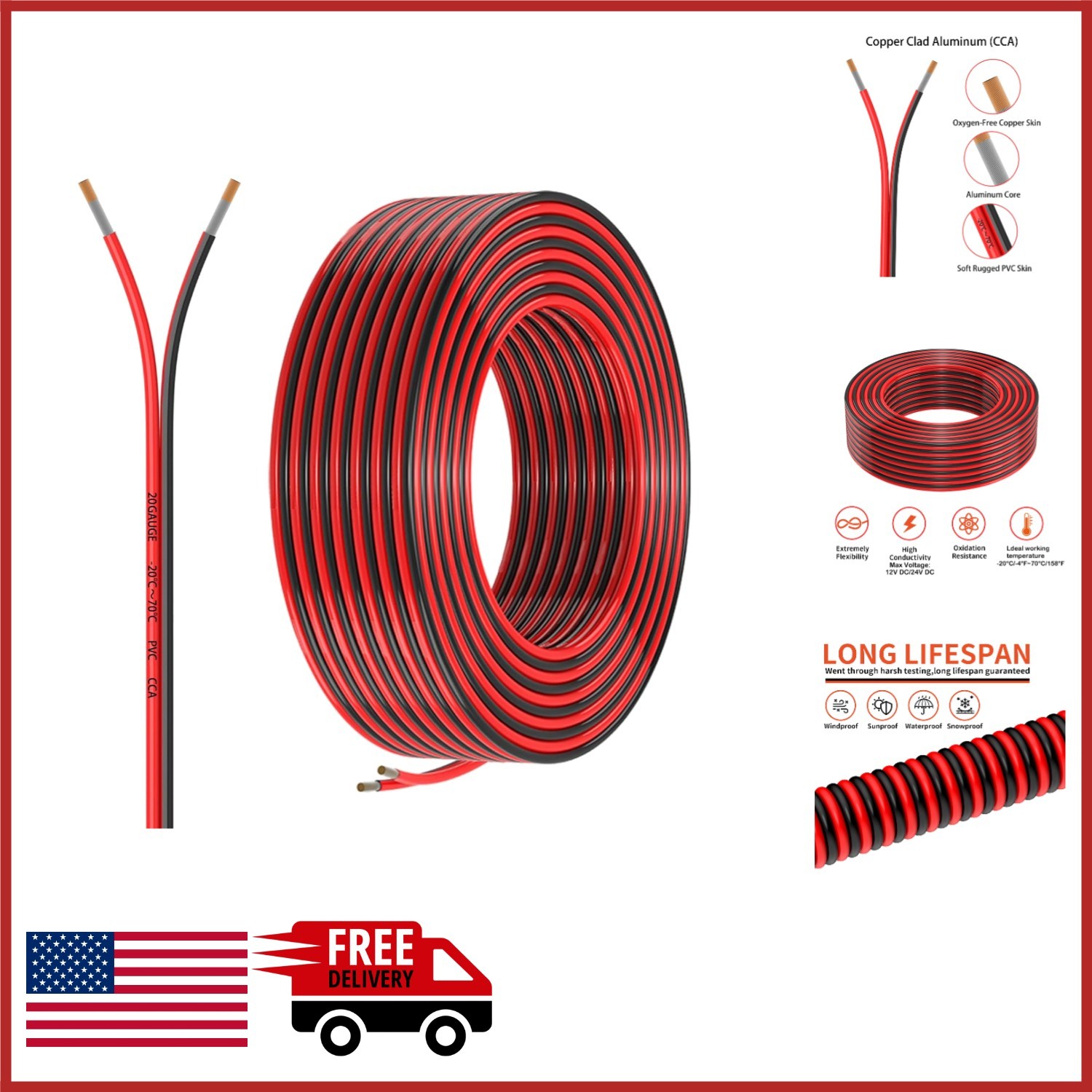 Copper Clad Aluminum 20 Gauge Wire 30FT Red Black for 12V/24V DC Applications