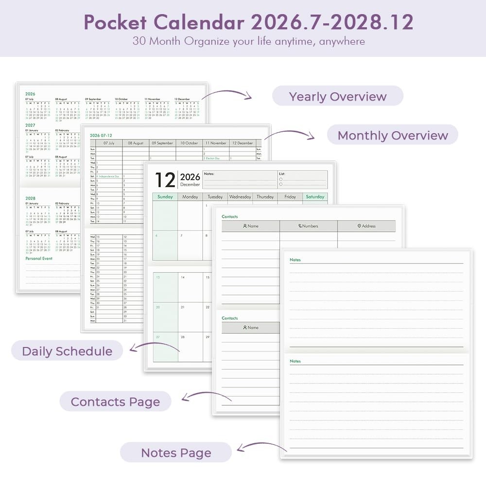 Pocket Calendar 2026-2028 Purse Planner, 3.5×6.5In, 24 Month Organizer