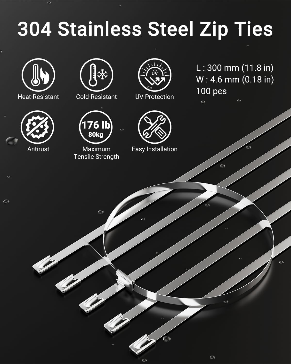 Metal Zip Tie Tool with 100 PCS 11.8 Inch 304 Stainless Steel Zip Ties, Heavy Du