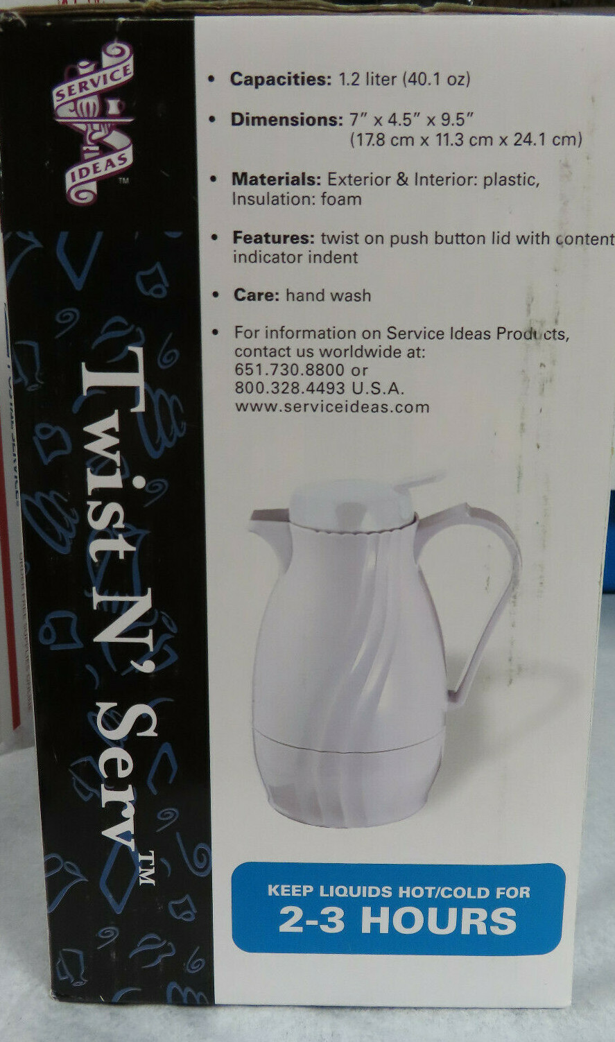 NISB TWIST N’ SERV WHITE 40.1 OZ. KEEPS LIQUIDS HOT OR COLD FOR 2-3 HOURS.