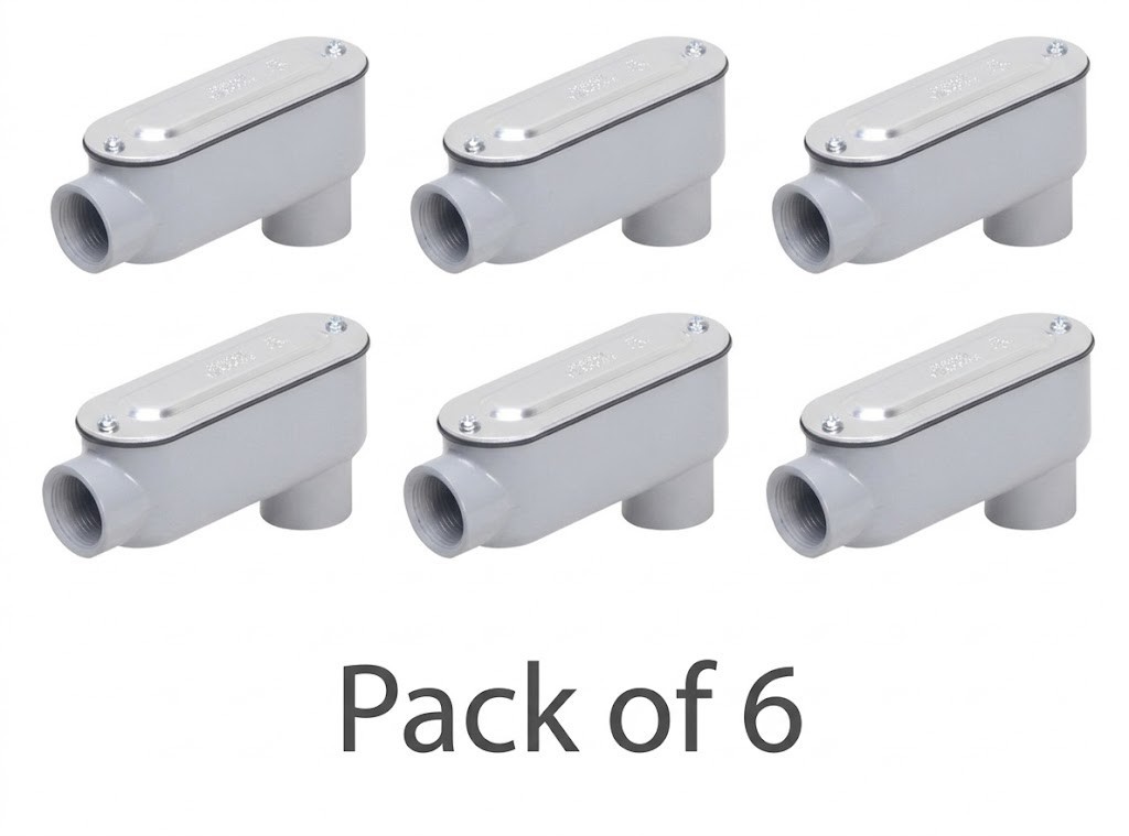 Pack of 6 – 3/4″ LR Conduit Body, Die Cast Aluminum, Stamped Steel Cover