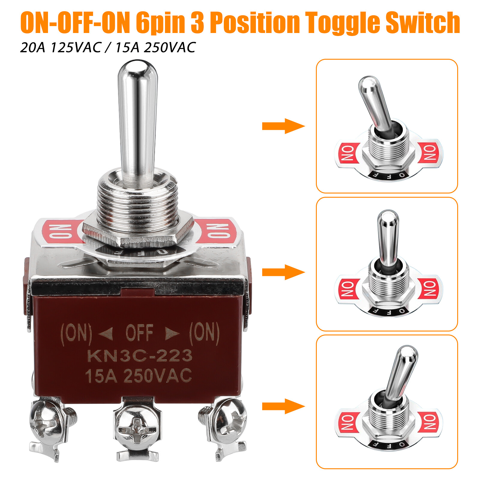 3X 3 Position 6Pin Toggle Switch Heavy Duty 20A 125V/15A 250V DPDT (ON)-OFF-(ON)