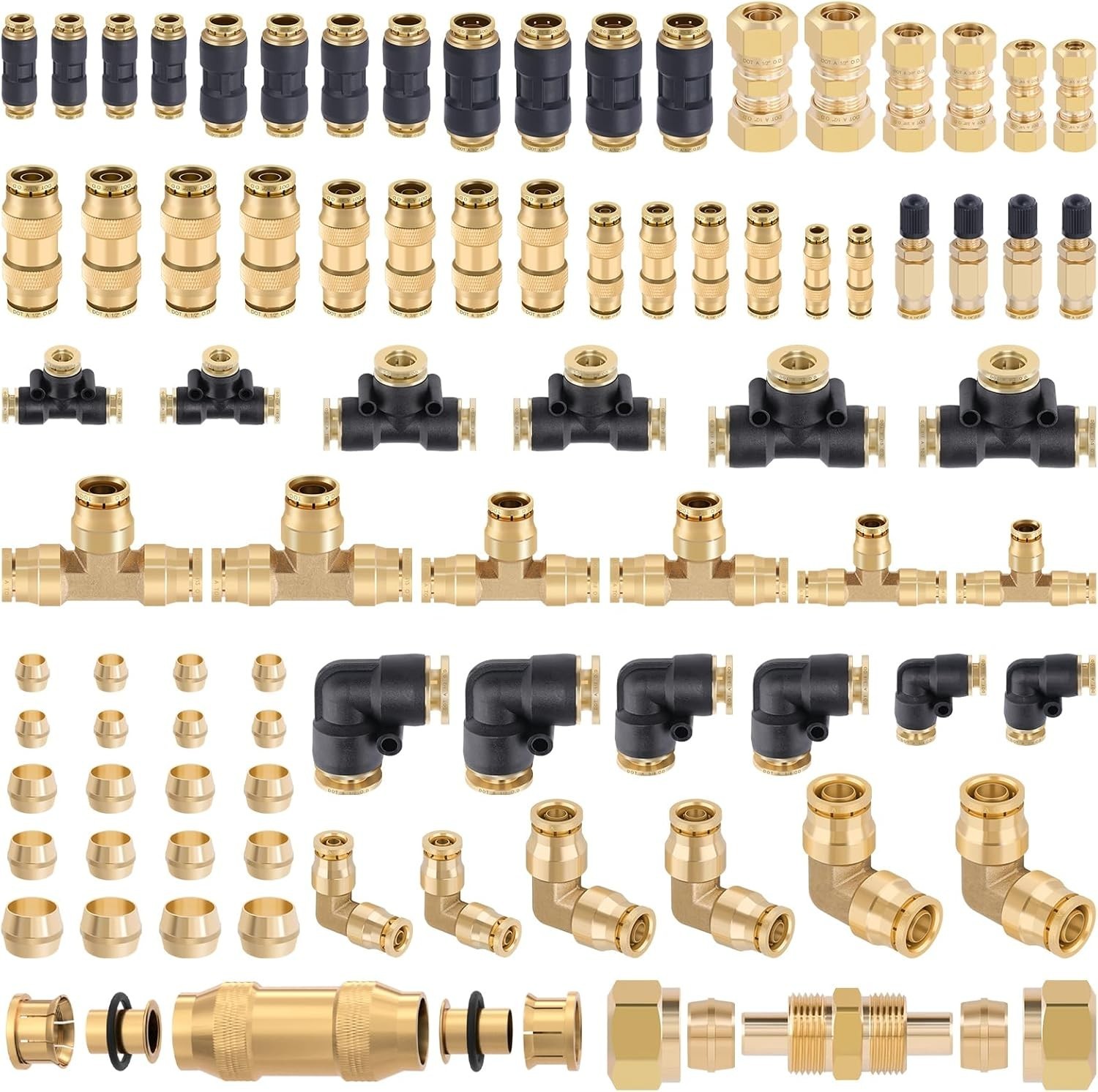 80 PCS Brass DOT Air Line Fittings Kit DOT Push Lock and Compression Air Fitting
