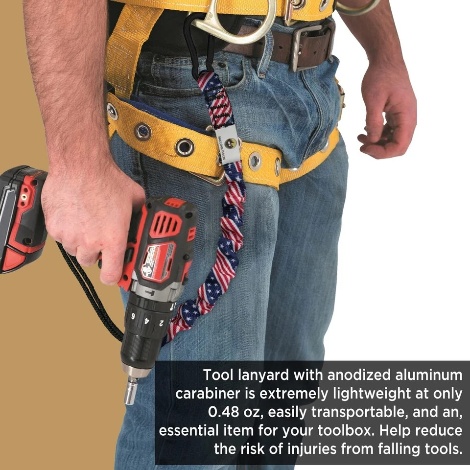 American Flag Tool Lanyard, Shock Absorbing w/Aluminum Locking Carabiner 15lb