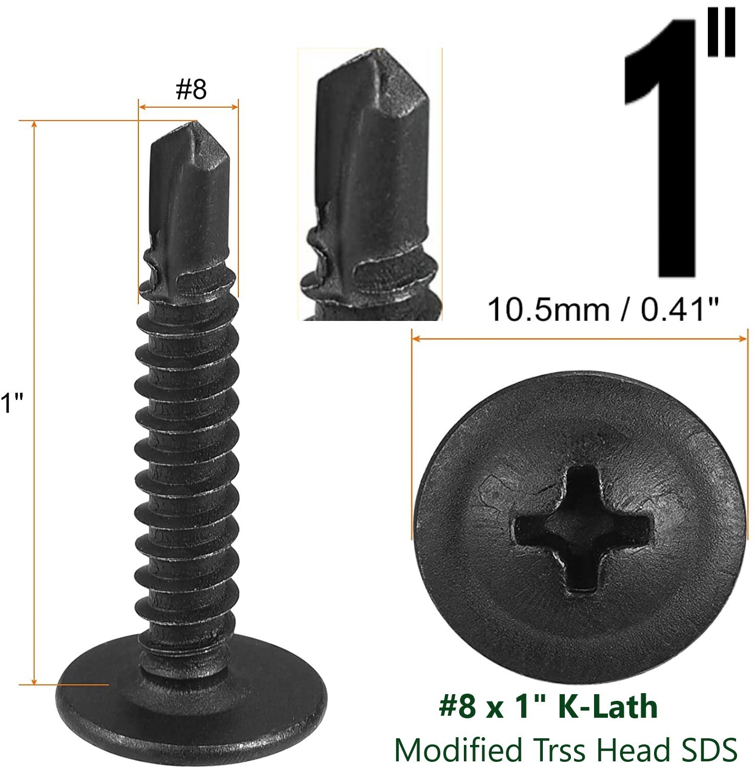 Modified Truss Head Self Drilling / Tapping Screws # 8 x 1″ K-Lath Black (1000)