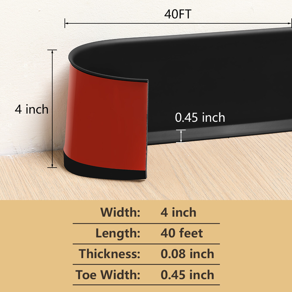 Vinyl Wall Base Baseboard Molding Trim 4″x 40FT Flexible Self Adhesive Black