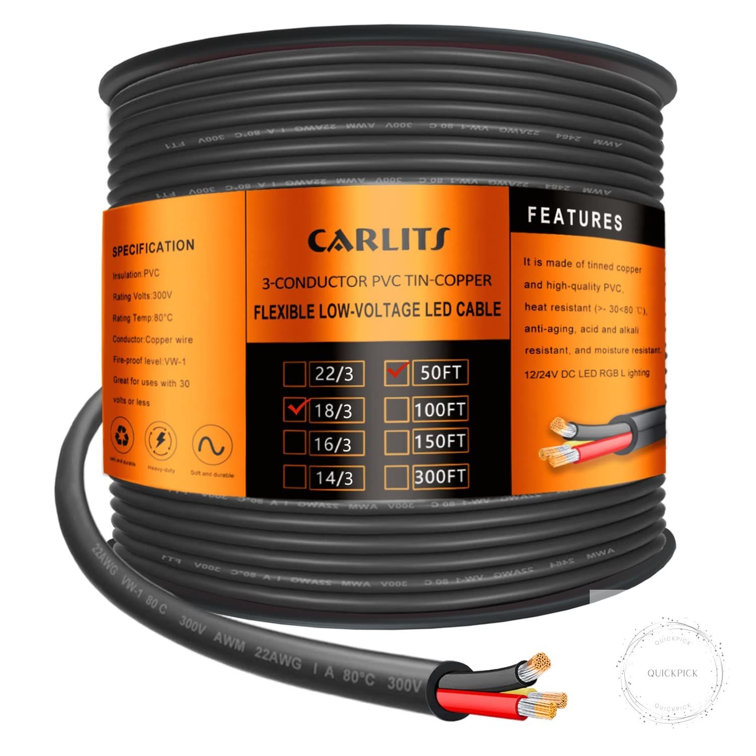 18 Gauge 3 Conductor Electrical Wire 50FT 18 AWG Stranded Low Voltage 18/3 Cable