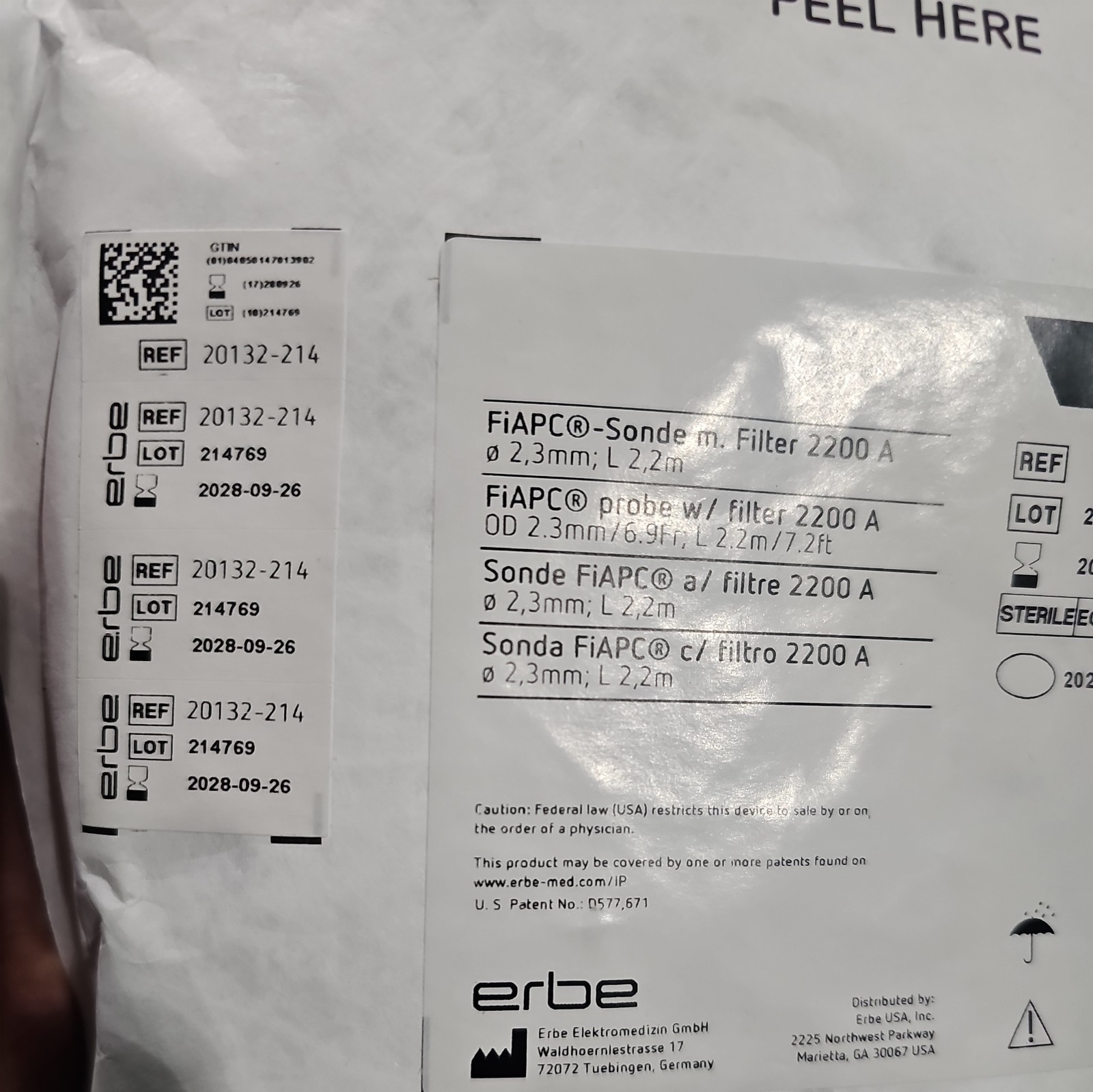 ERBE Argon Electrode 20132-214 FIAPC probe w/ filter 2200A Straight Fire