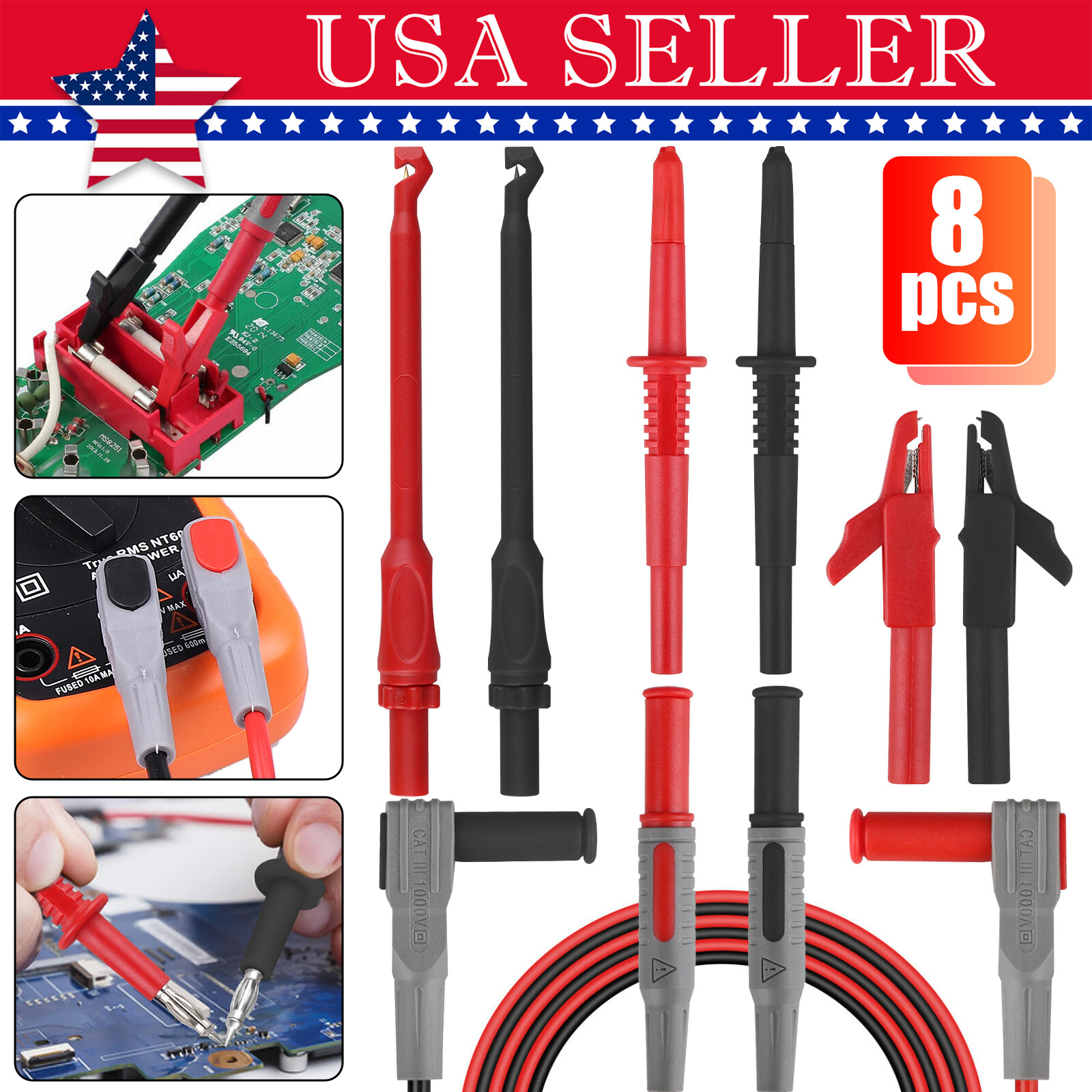 8Pcs Multimeter Automotive Test Probe Lead Kit 4mm Piercing Wire Clip Tool
