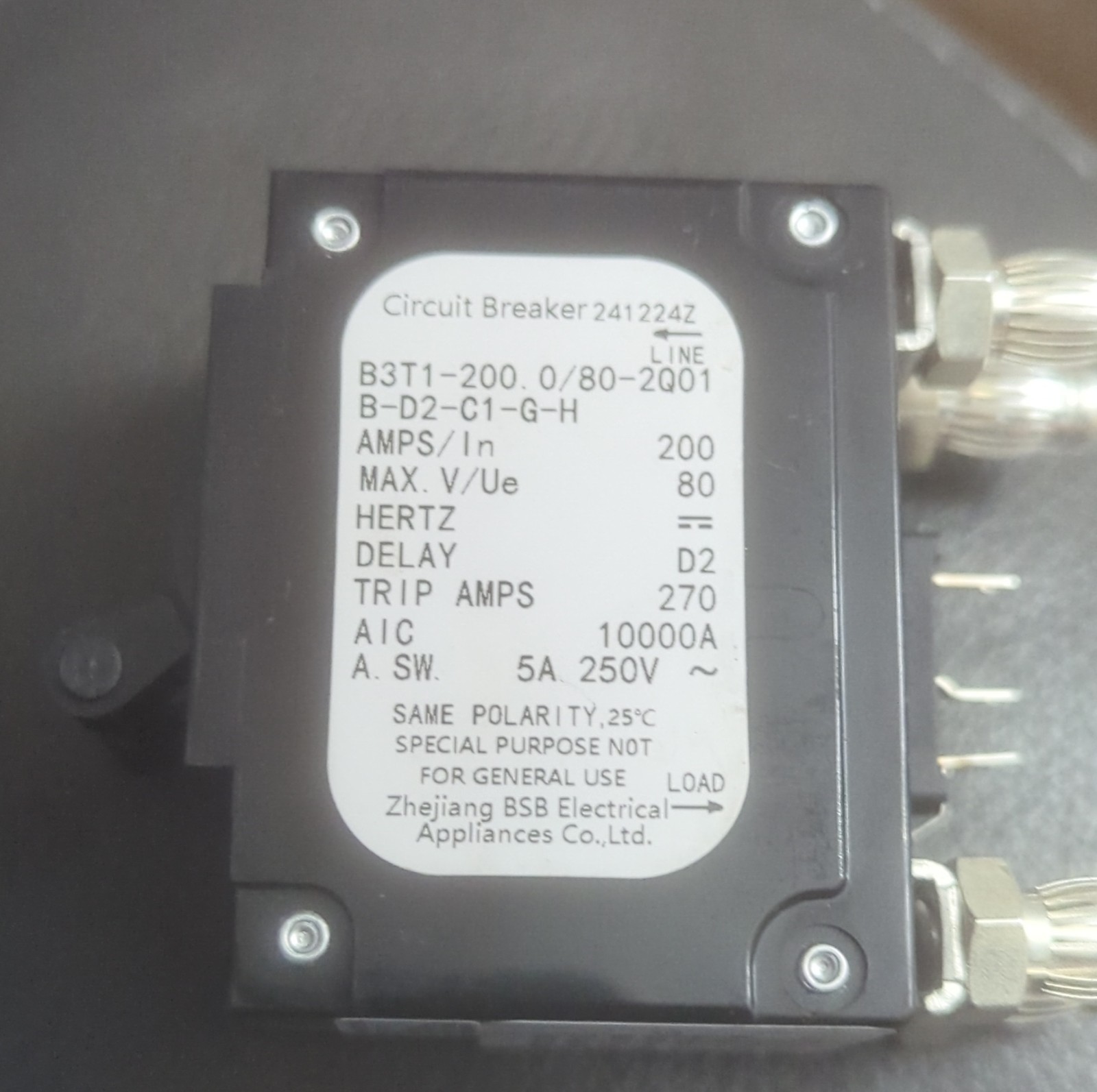 BSB Circuit Breaker 200A 80V 2-Pole Panel Mount B3T1-200.0/80-2Q01