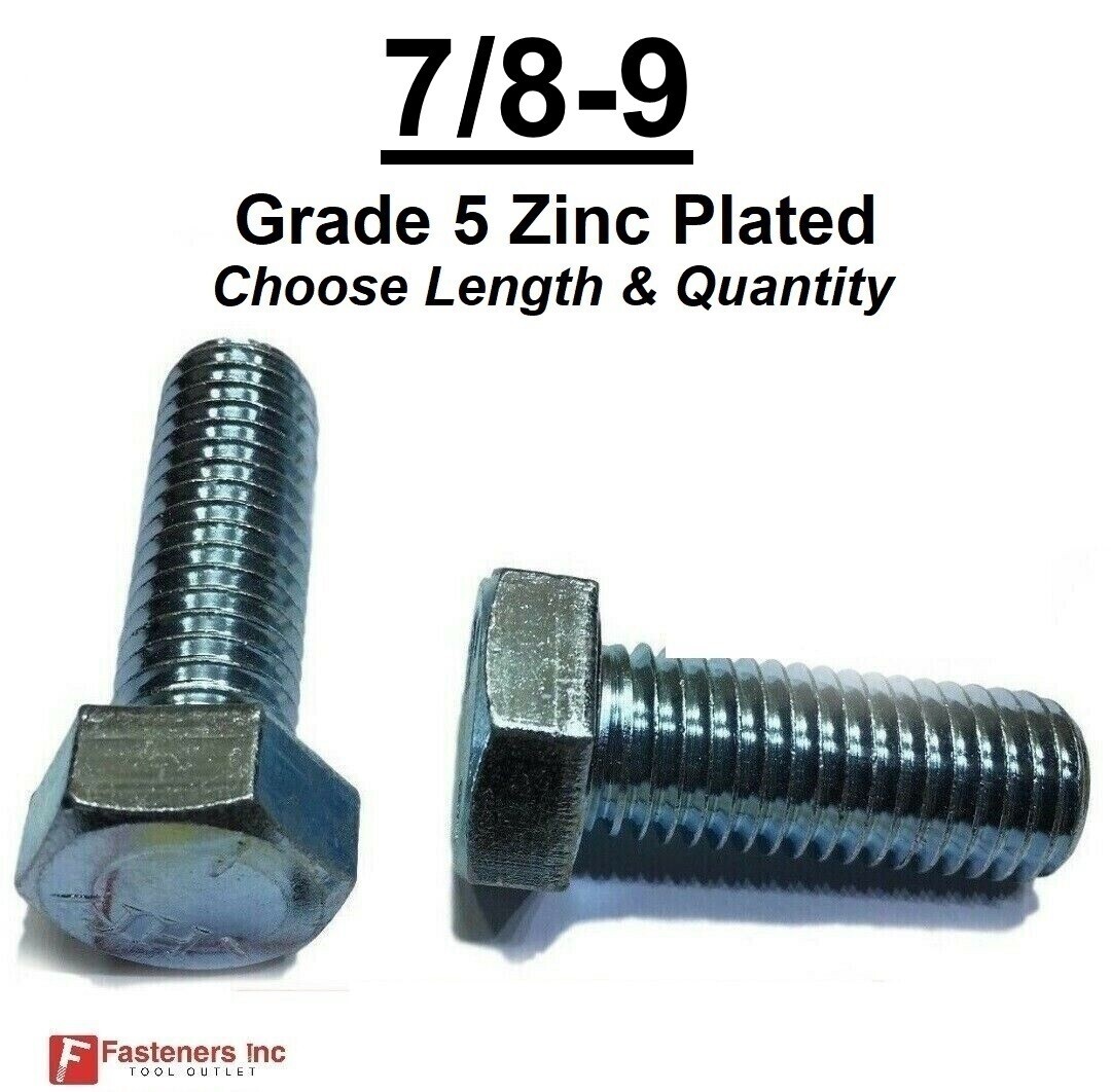 7/8-9 Hex Bolt Zinc Plated Grade 5 Cap Screw Coarse (All Lengths & Qtys)