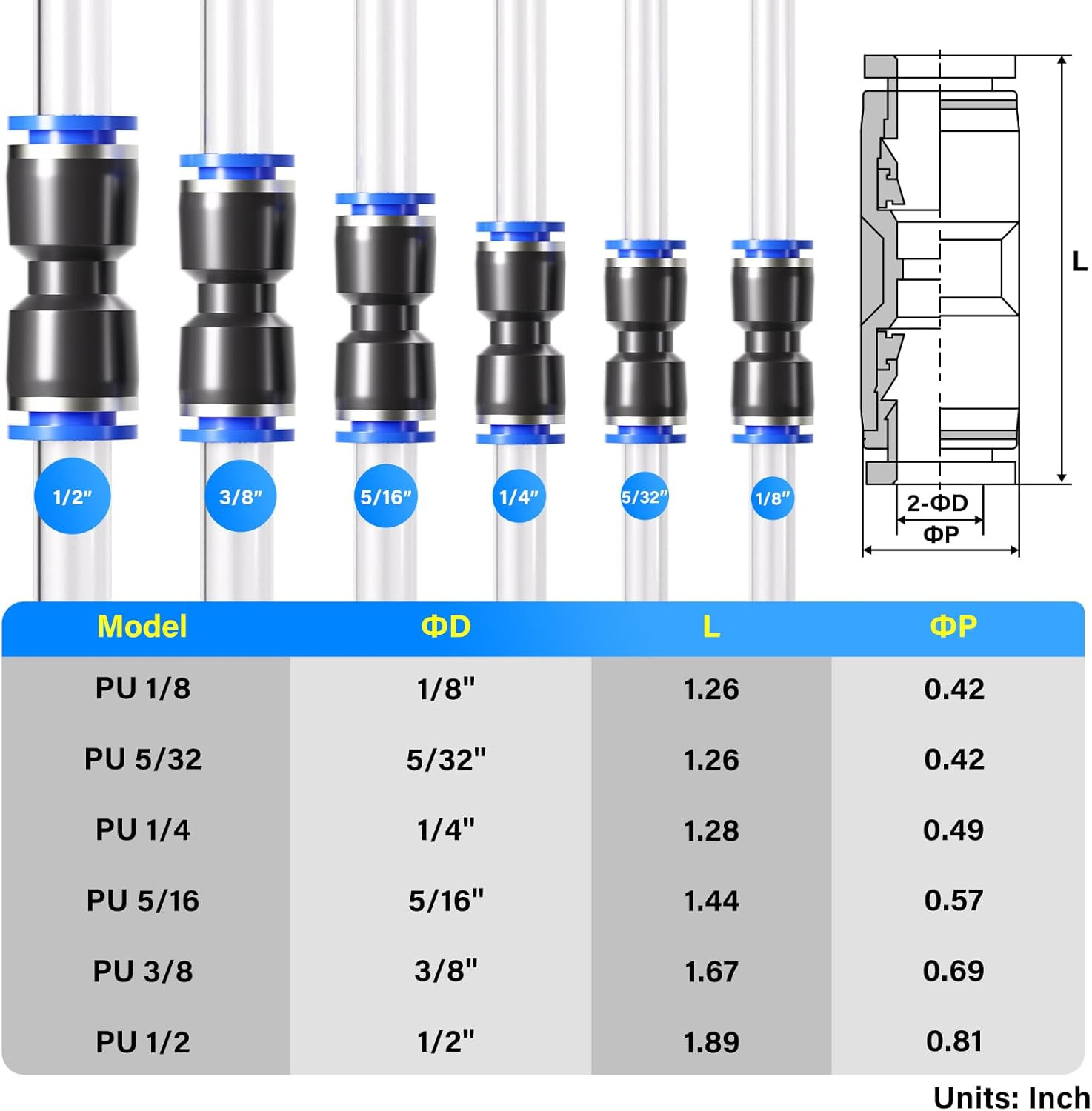 60 Pack Pneumatic Push Connect Air Fittings Set 1/8″ to 1/2″ Tube Quick Fit