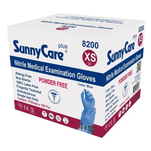 SunnyCare Plus Nitrile Exam Gloves, X-Small, Powder-Free, Blue, 1000/Case.