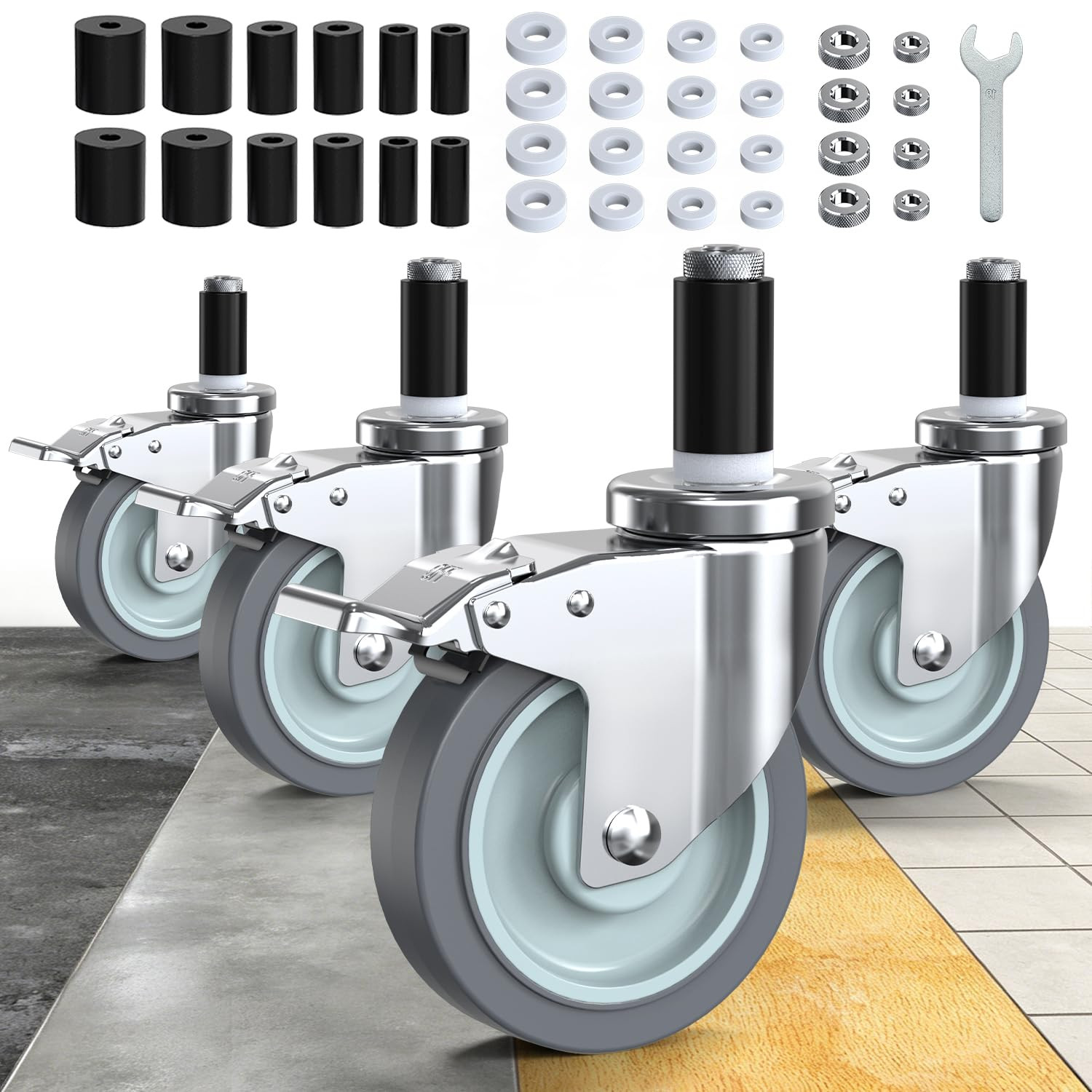 Caster Wheels Locking 3 Inch Expanding Stem Casters, Threaded Swivel Casters Set
