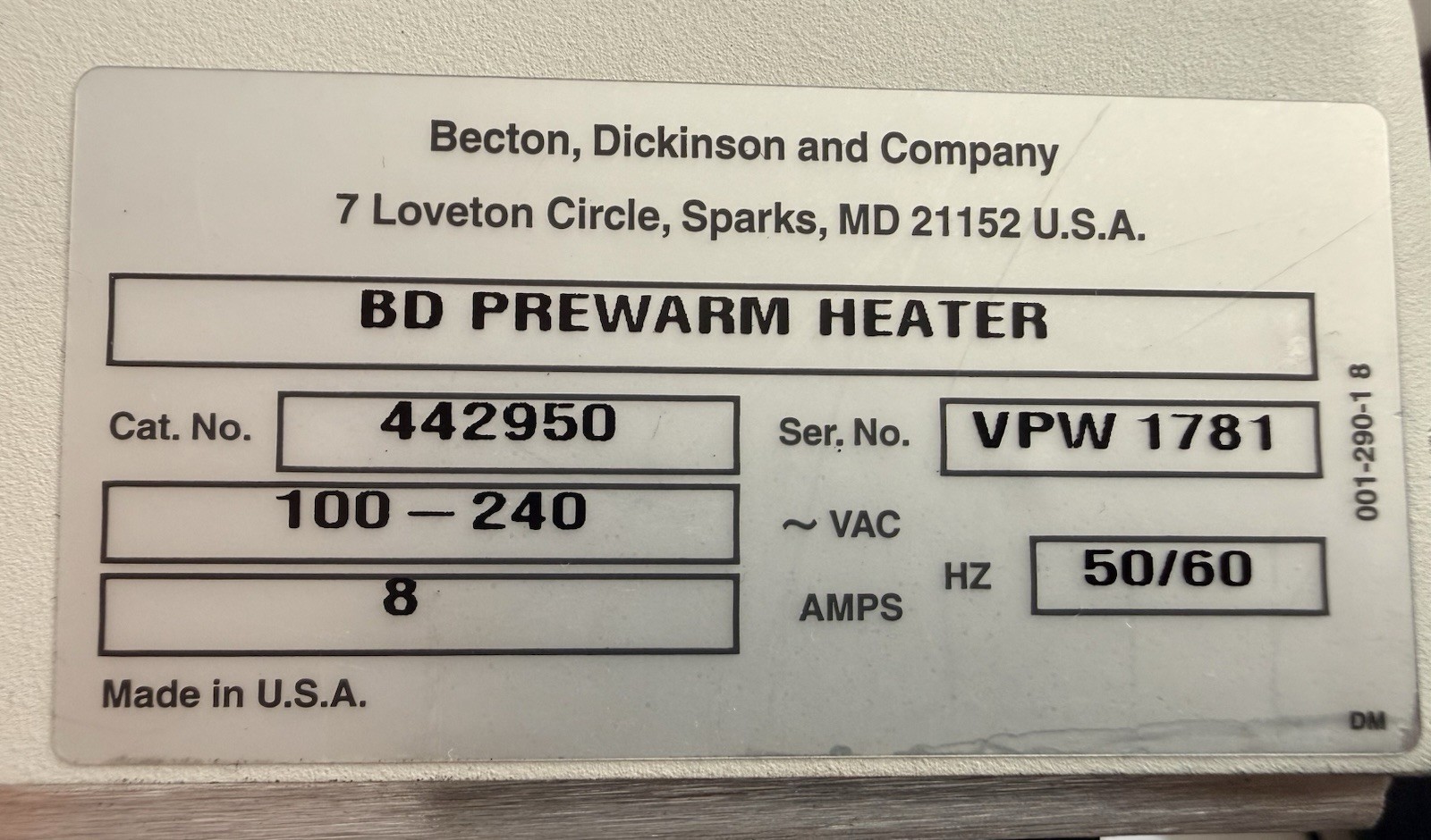 Becton Dickinson & Company BD Prewarm Heater REF 442950