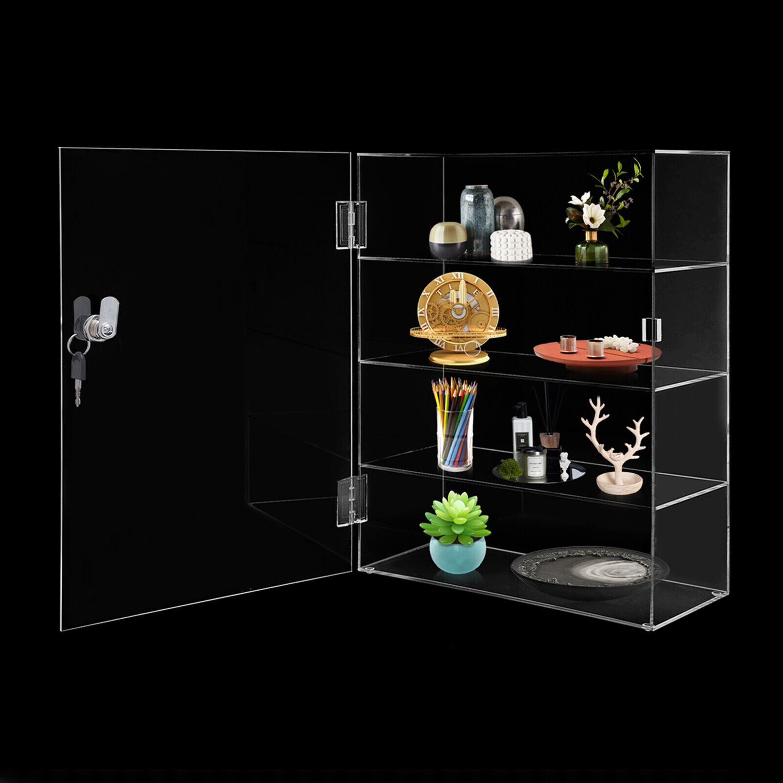 Acrylic Display Case Countertop Clear Box Dustproof Shelves Showcase with Lock