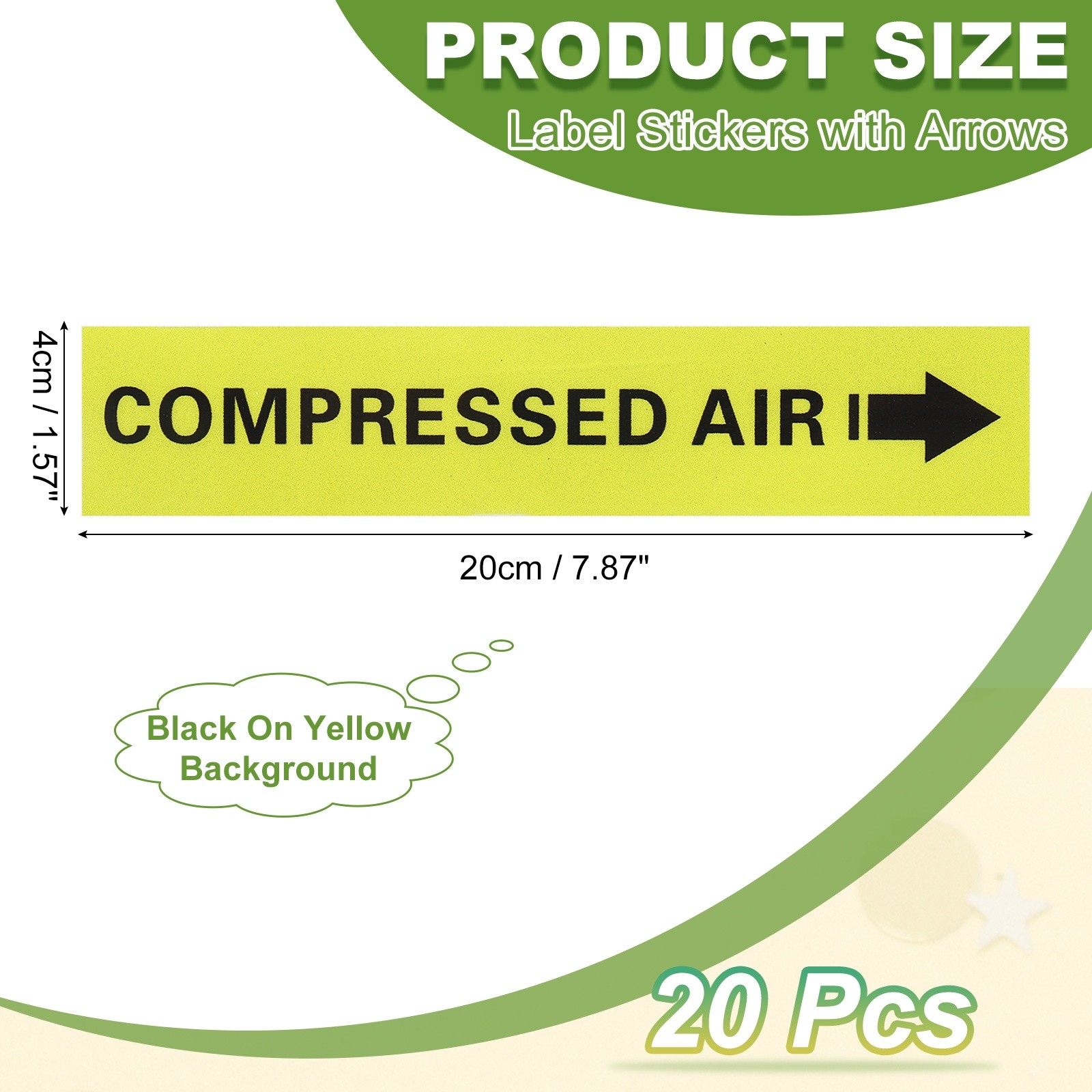 20Pcs COMPRESSED AIR Right-Pointing Arrow Label, Black on Yellow Background