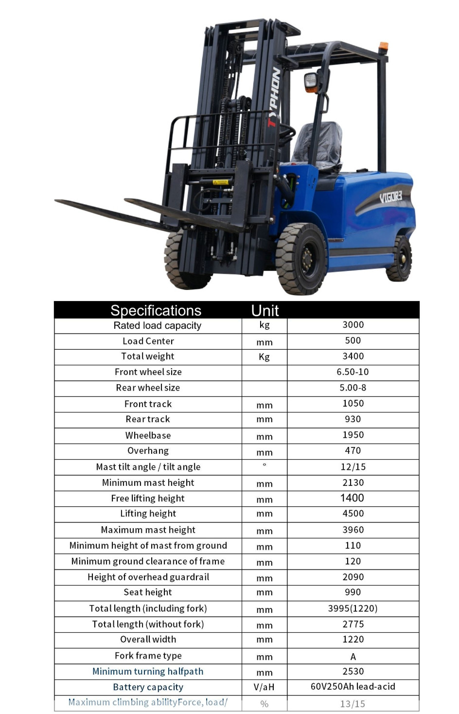 TYPHON VIGOR 3.0 Blue Electric Forklift 3 Ton Lifter Lift Truck Jitney Hi-Lo NEW