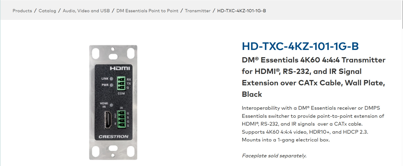Crestron HD-TXC-4KZ-101-1G-B HDMI Transmitter 1G Wall Plate (Black)