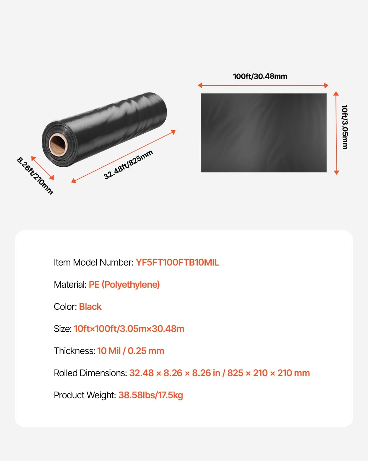 10ft x 100ft 10 Mil Black Heavy Duty Plastic Sheeting for Barrier Protection