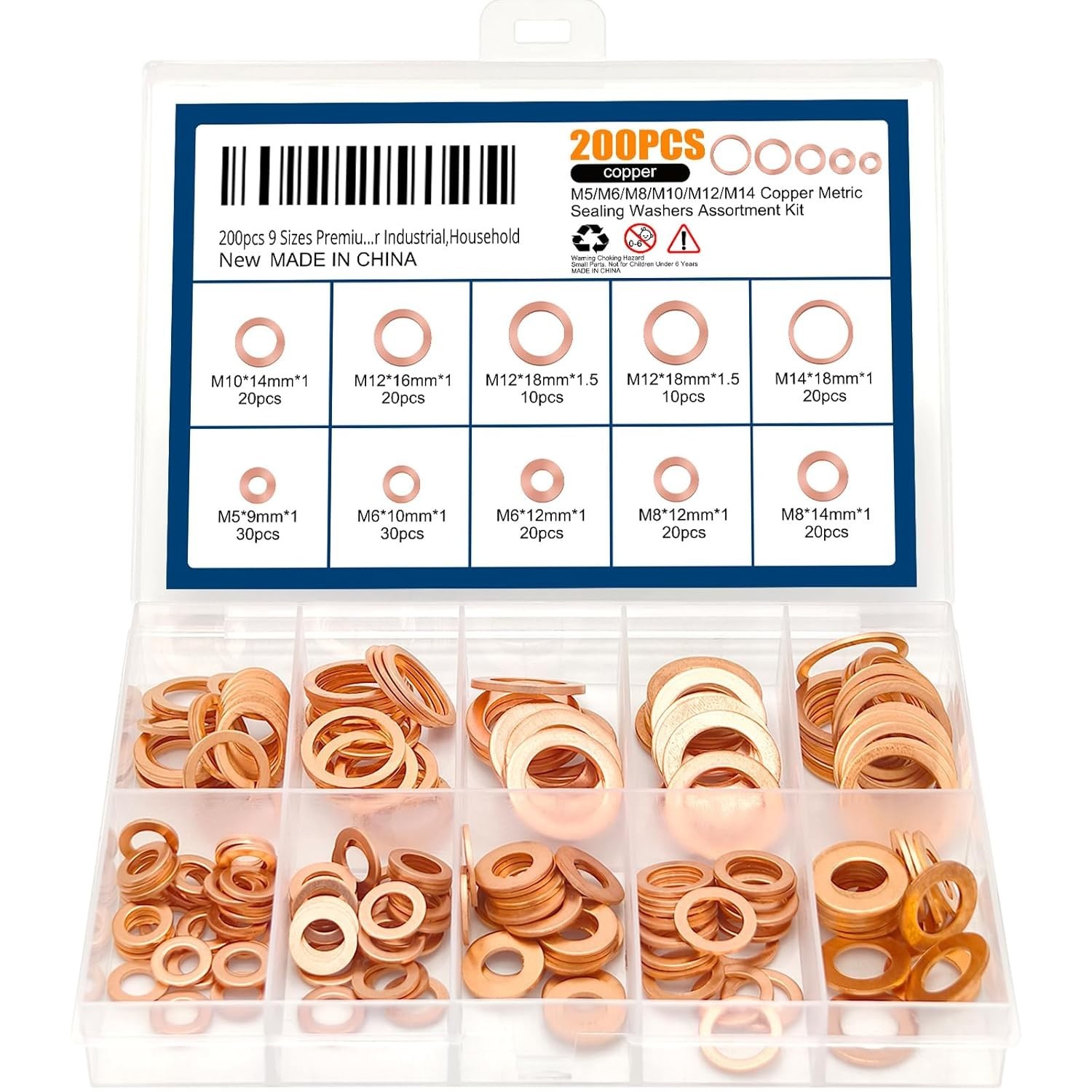 200pcs 9 Sizes Copper Metric Sealing Crush Washers Assortment Kit,Flat Seali…