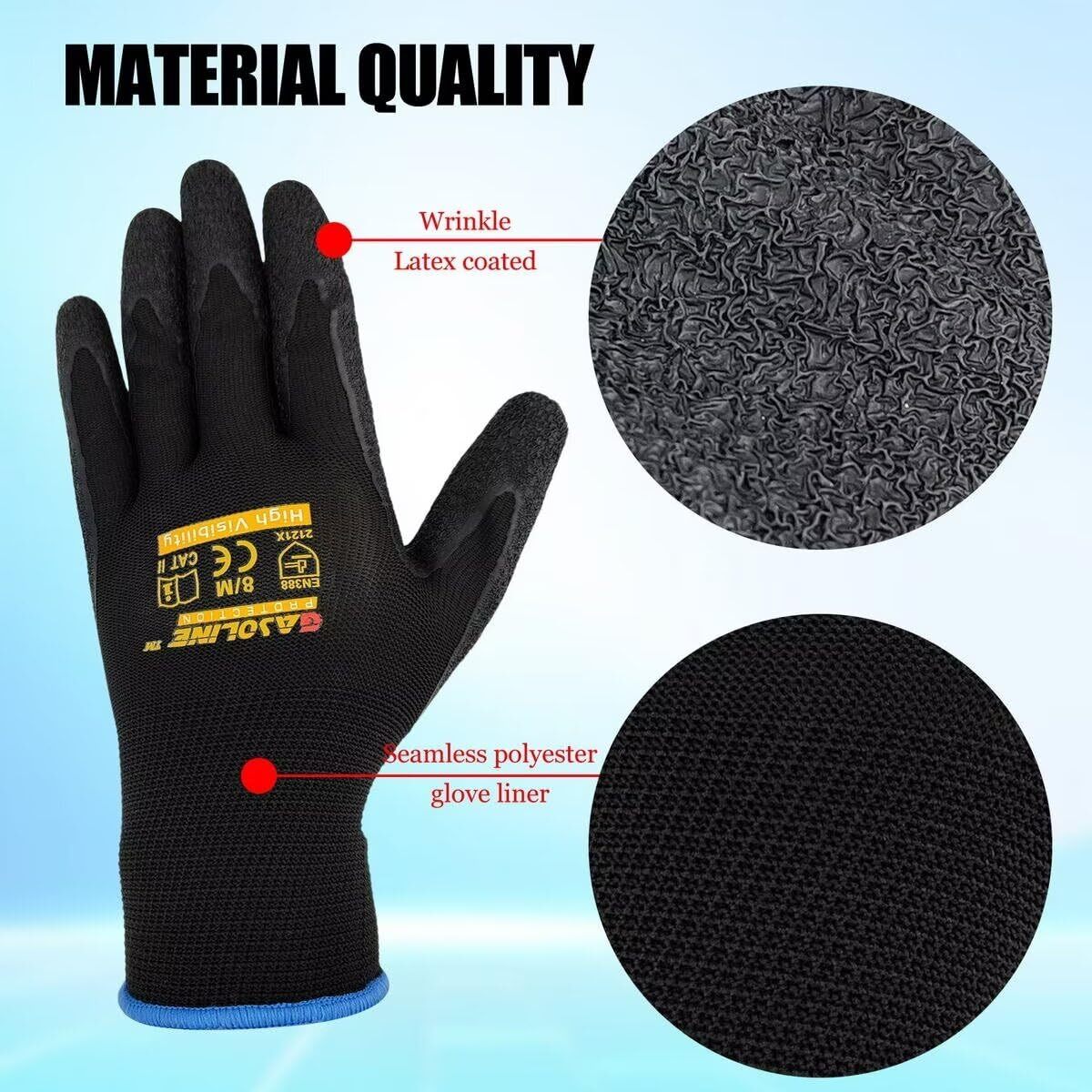 Gasoline 13Gauge Polyester Latex Crinkle Palm Dipped Black Gloves / 12Pairs