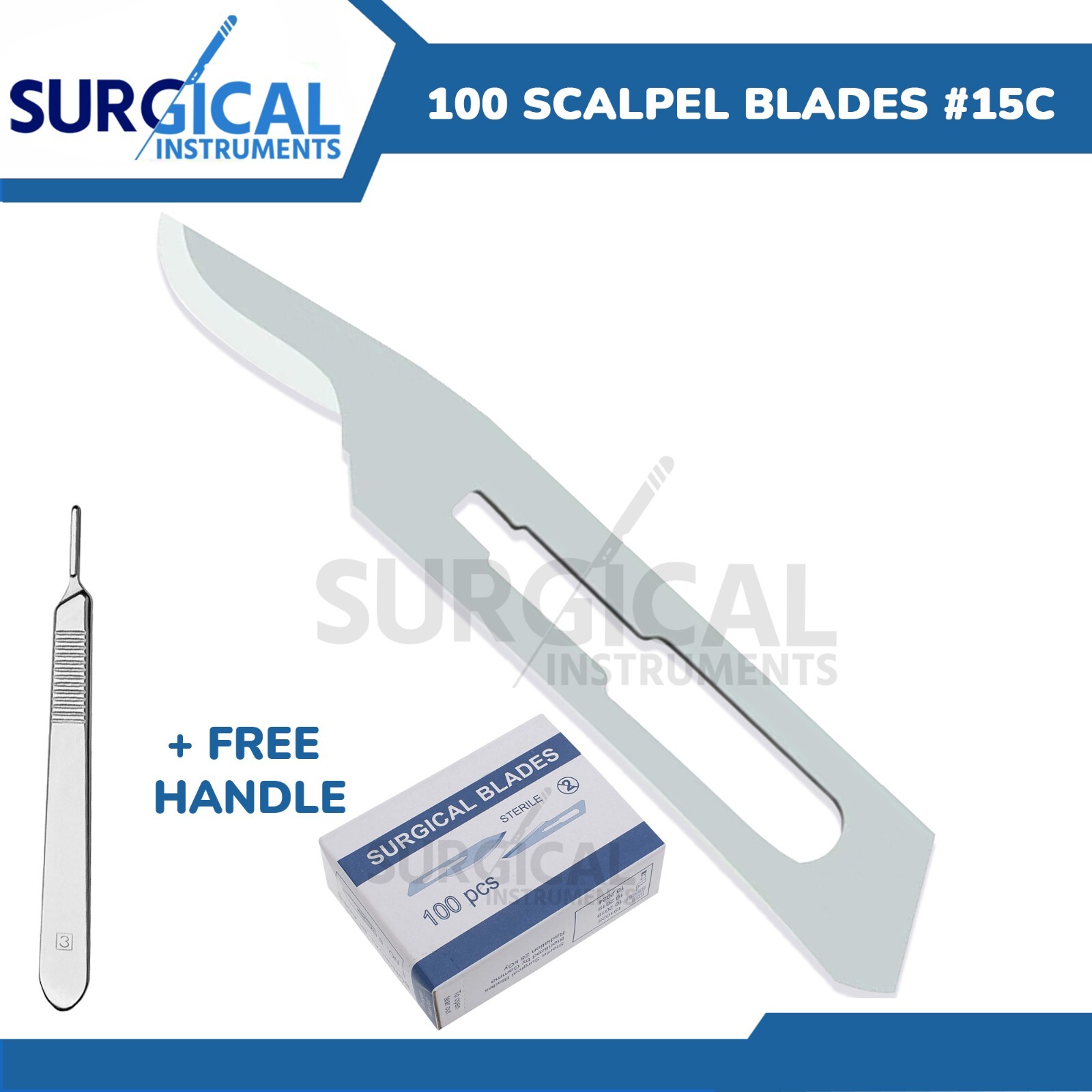 100 Scalpel Blades #15C Surgical Dental ENT Instruments with Free #3 BP Handle