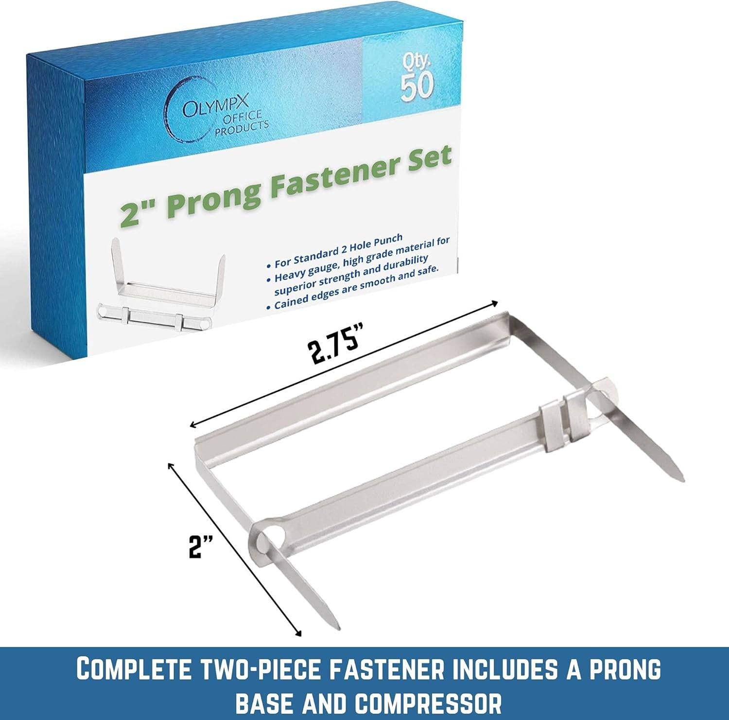 Prong Paper Fasteners 2 Inch Capacity, 50 Complete Sets, Corrosion-Resistant Ste
