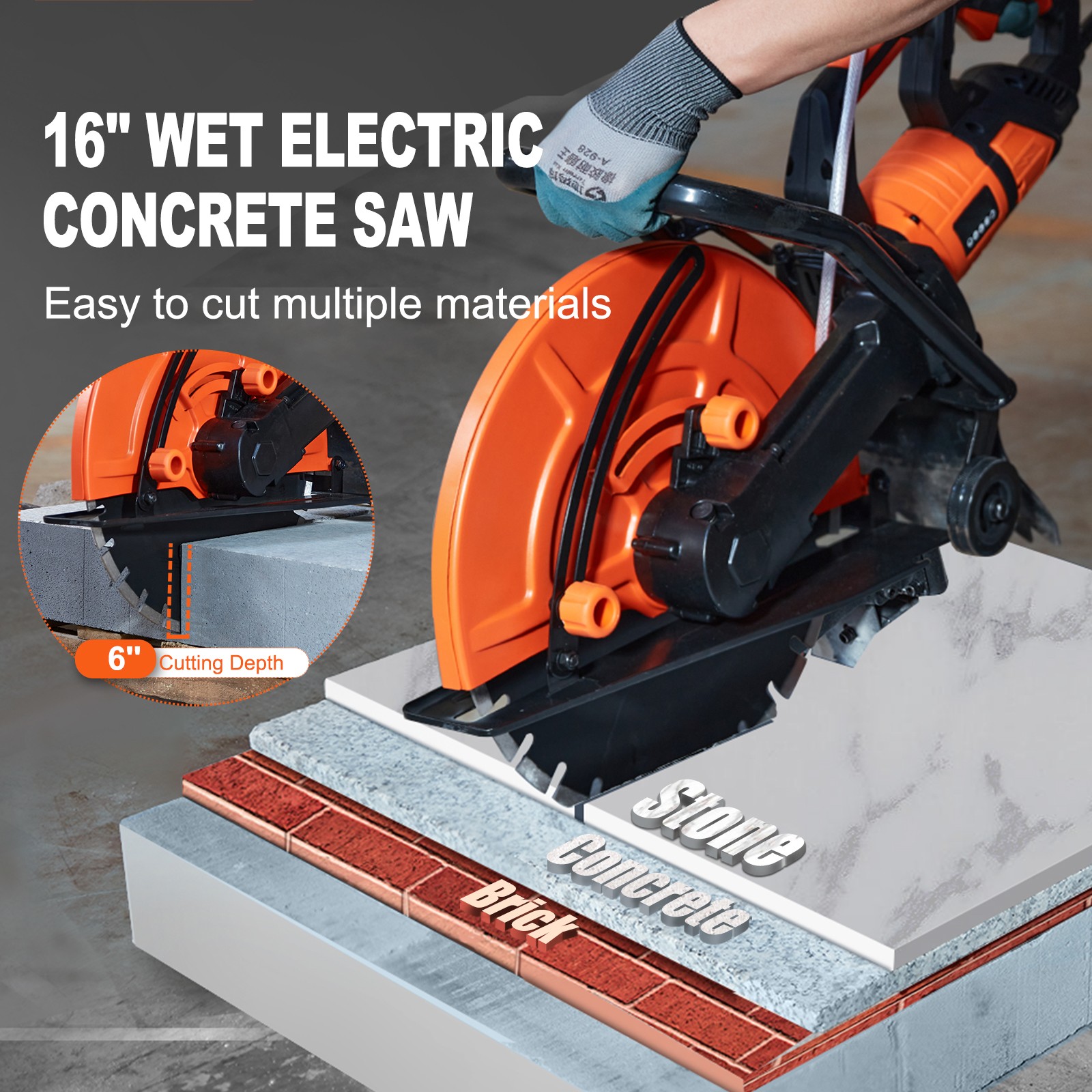 Uimoso 16” Electric Concrete Cutter with Water Pump and Blade for Wet/Dry Use