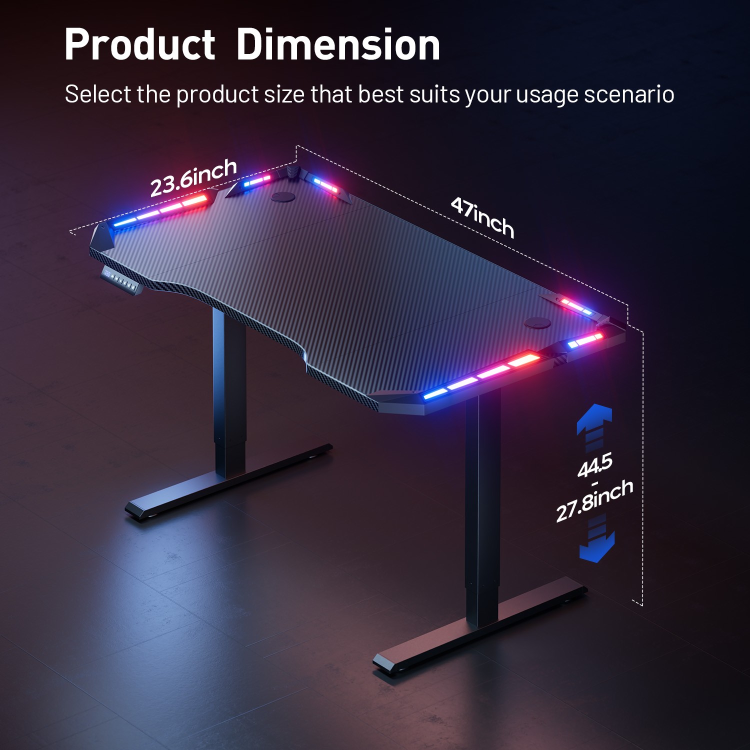 47/55/63 inch Electric Standing Desk with RGB LED Lights, Height Adjustable Desk