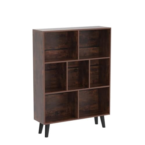Cube Bookshelf 3 Tier Mid-Century Rustic Brown Modern Bookcase with Legs,Retro W
