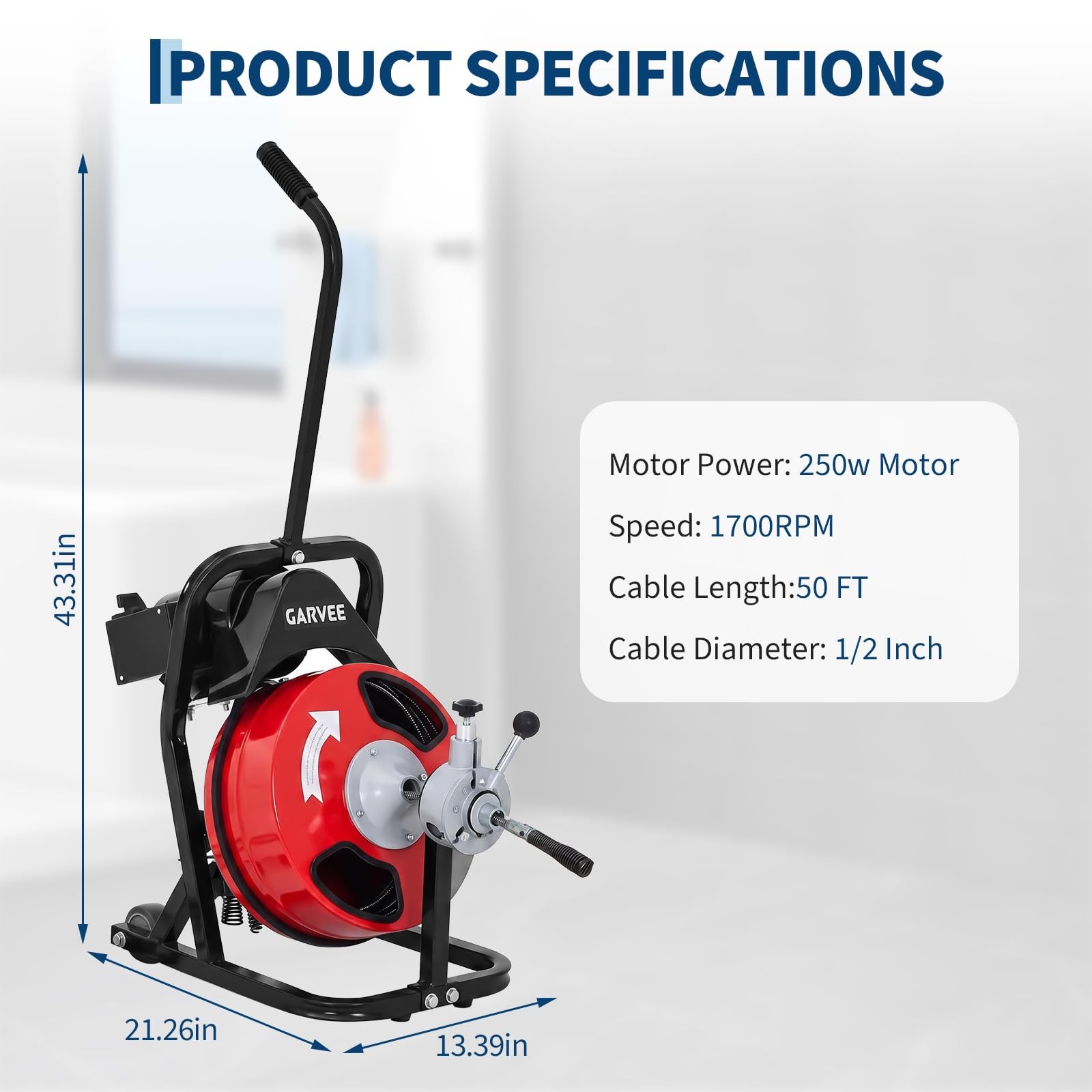 50 FT x 1/2 In Electric Drain Cleaner Machine ,Auto Feed Drain Auger Sewer Snake