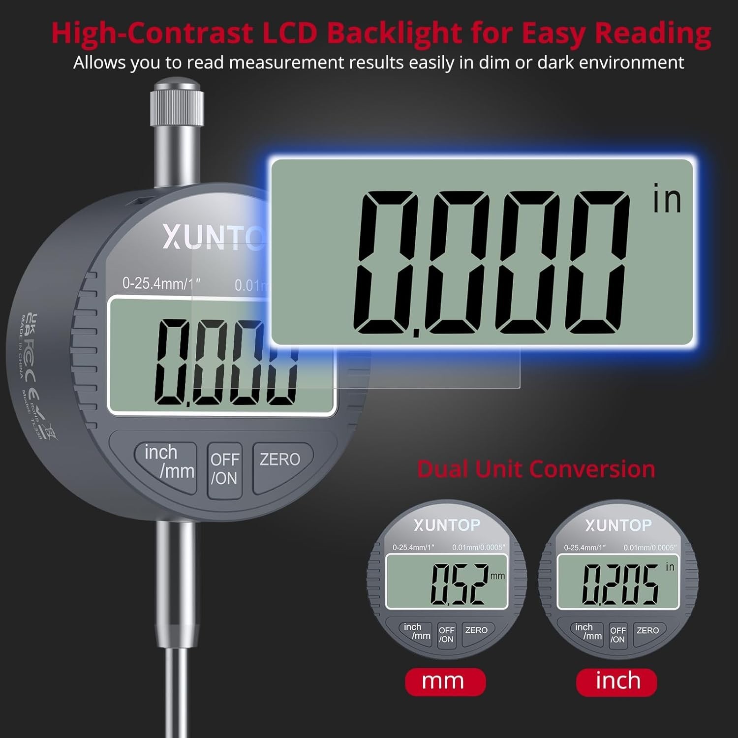 Digital Dial Indicator 1inch/0.0005inch LCD Display Electronic Dial Test Indi…